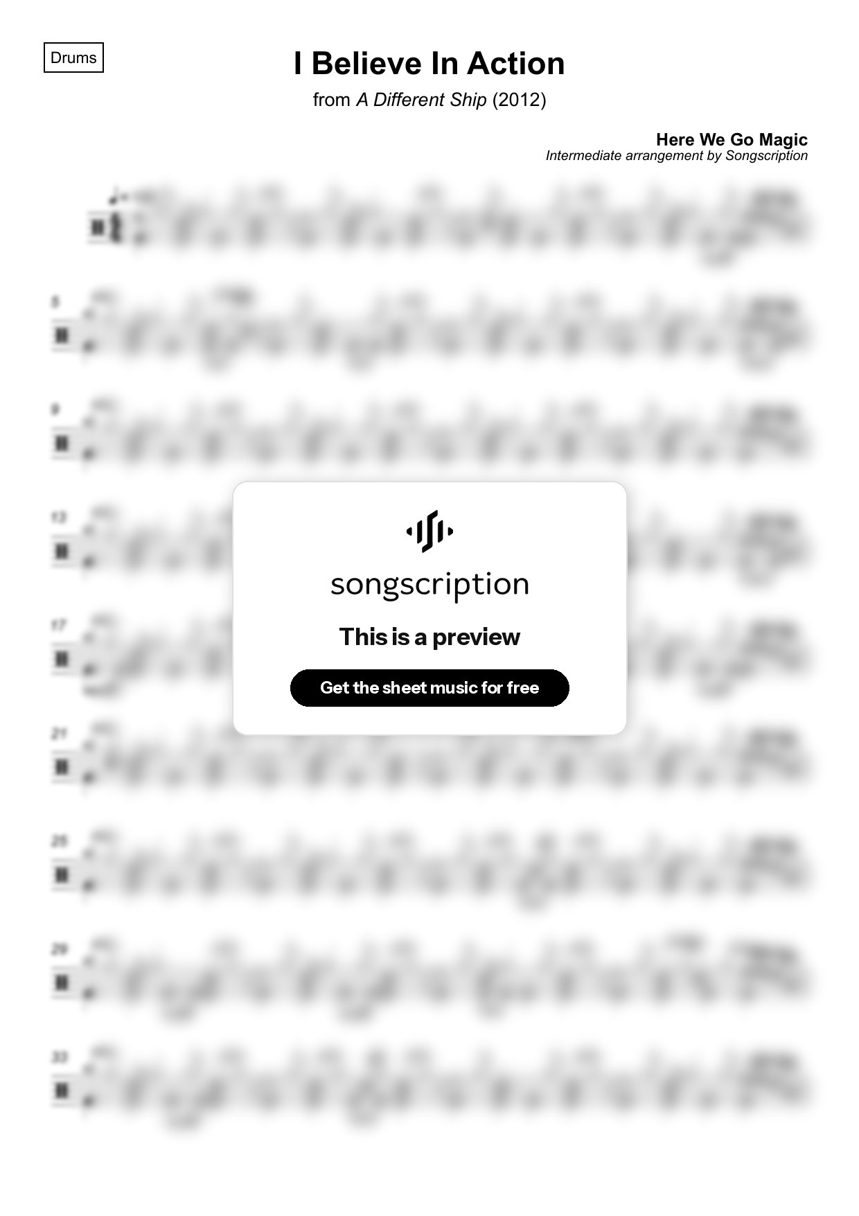 Intermediate Drums Sheet Music for "I Believe In Action" by Here We Go Magic
