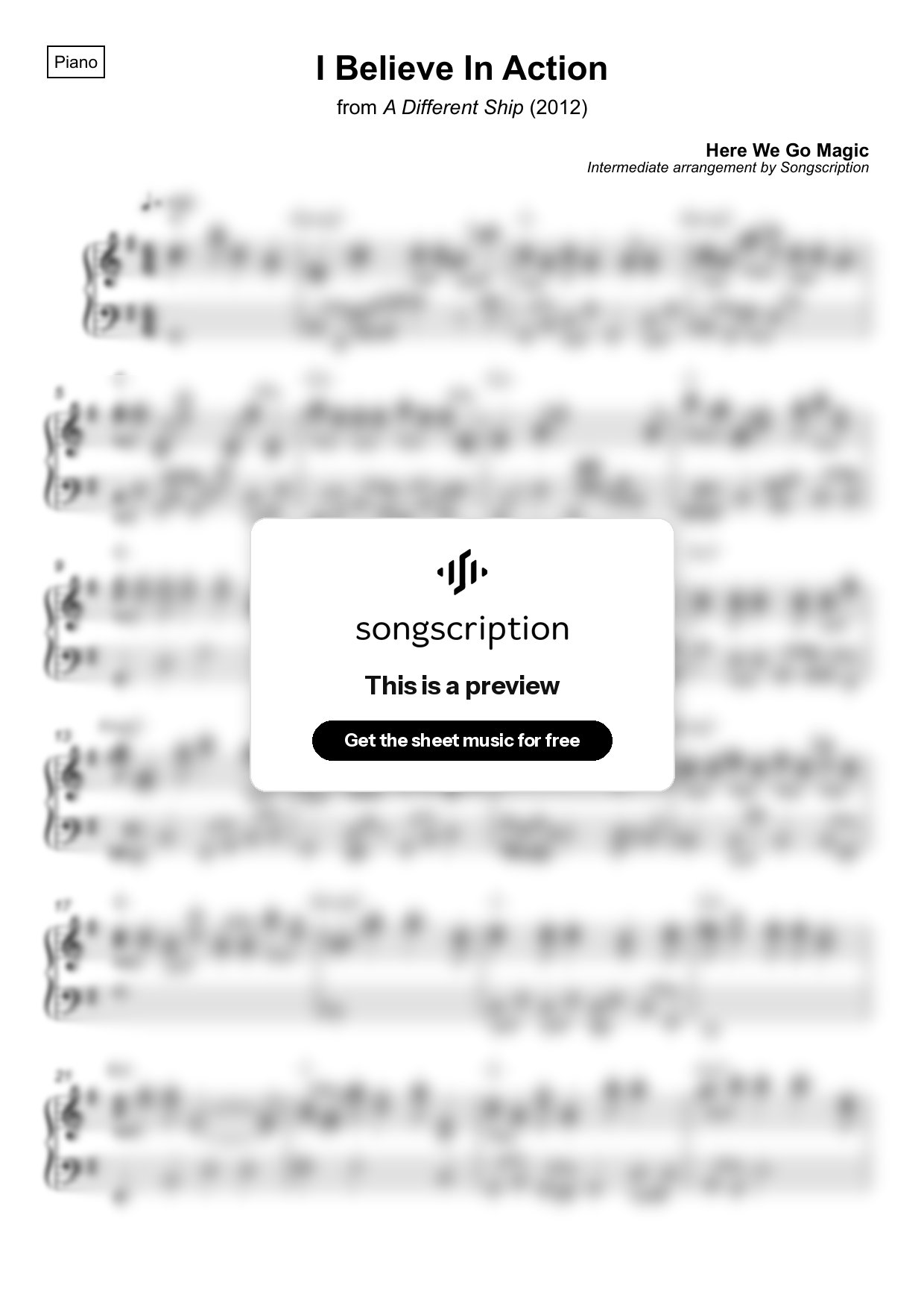 Intermediate Piano Sheet Music for "I Believe In Action" by Here We Go Magic