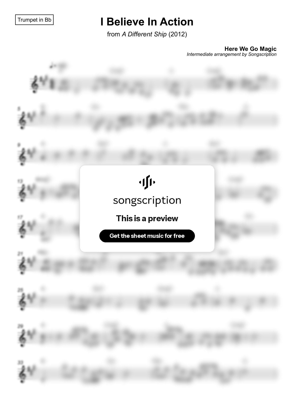 Intermediate Trumpet Sheet Music for "I Believe In Action" by Here We Go Magic