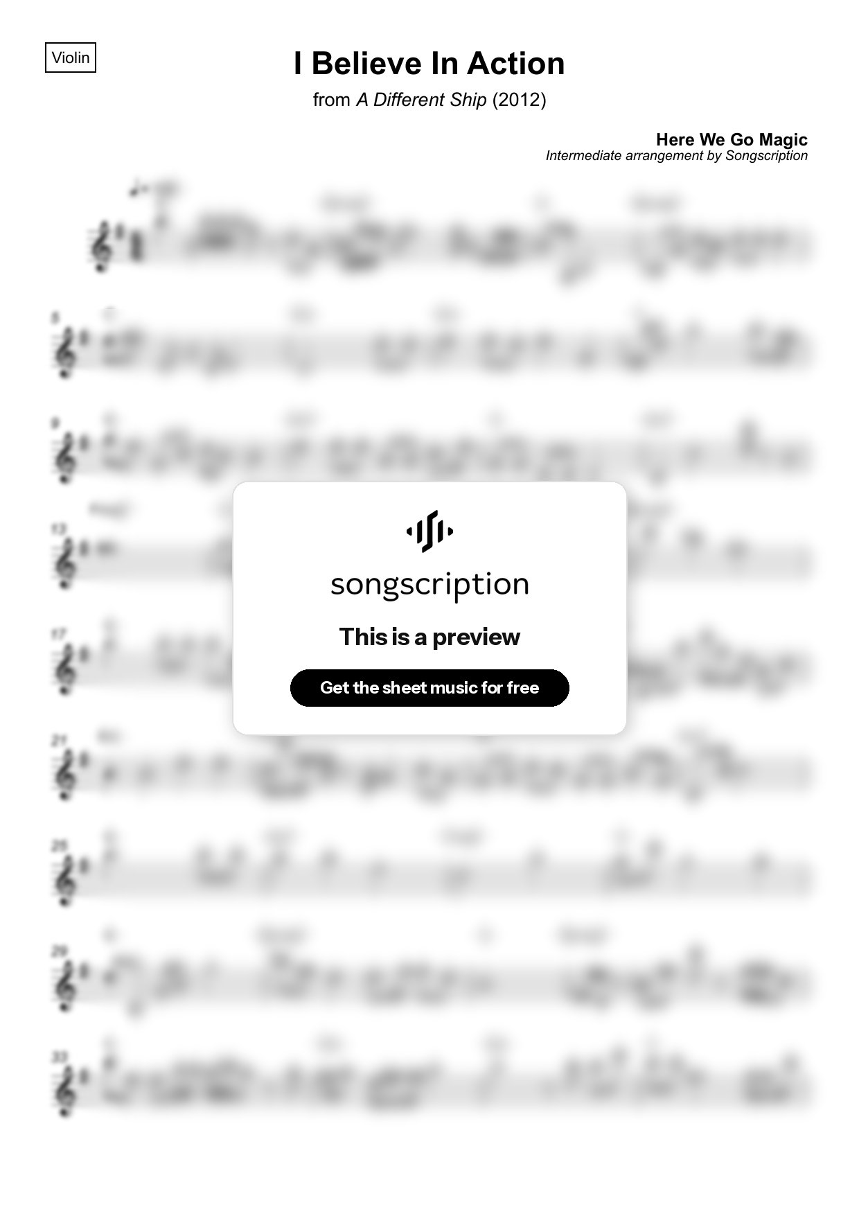 Intermediate Violin Sheet Music for "I Believe In Action" by Here We Go Magic