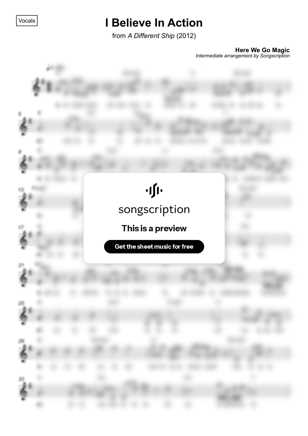 Intermediate Vocals Sheet Music for "I Believe In Action" by Here We Go Magic