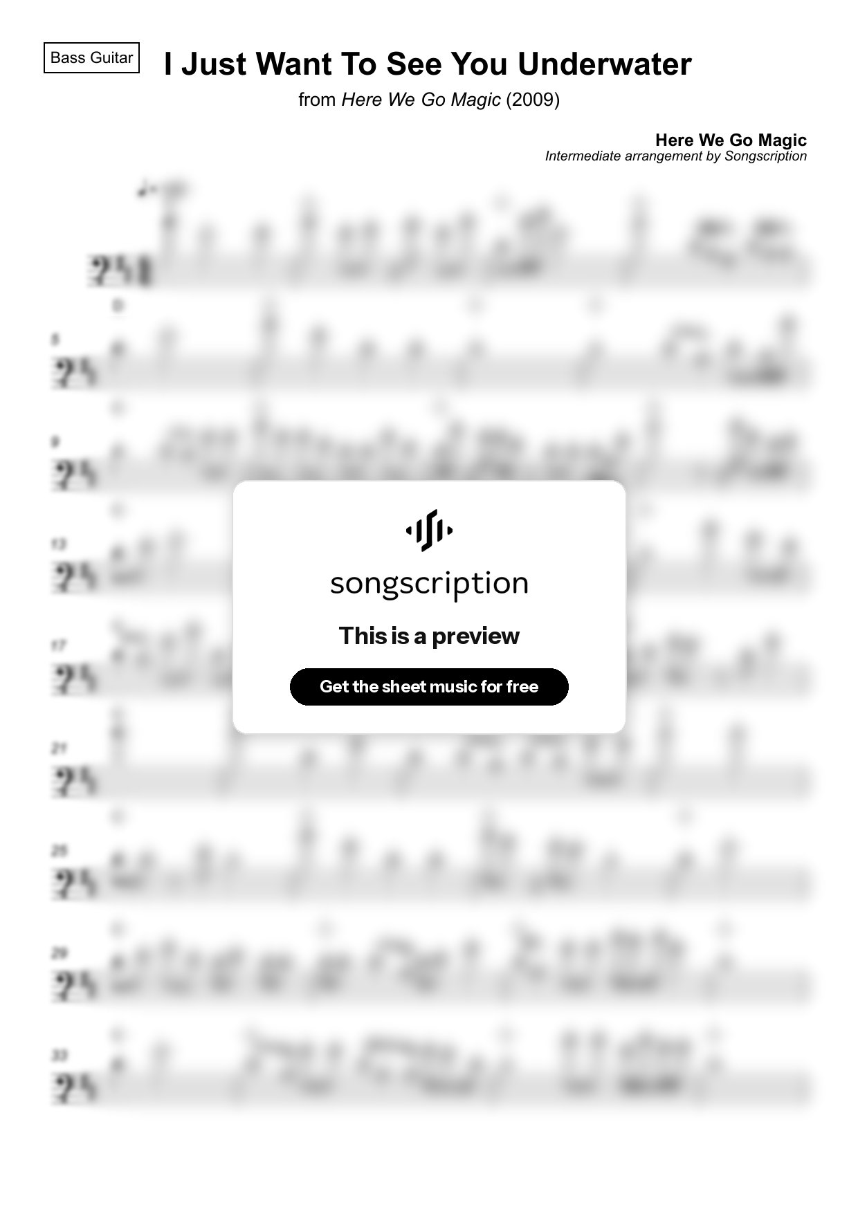 Intermediate Bass Guitar Sheet Music for "I Just Want To See You Underwater" by Here We Go Magic