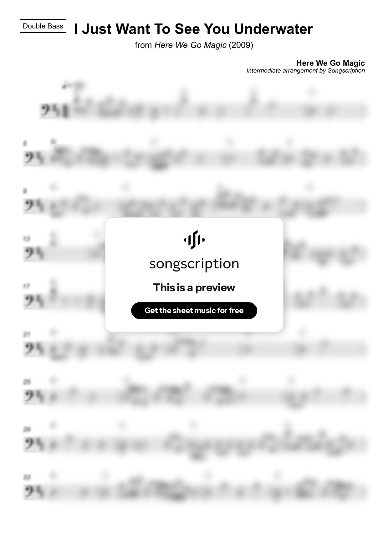 Intermediate Double Bass Sheet Music for "I Just Want To See You Underwater" by Here We Go Magic