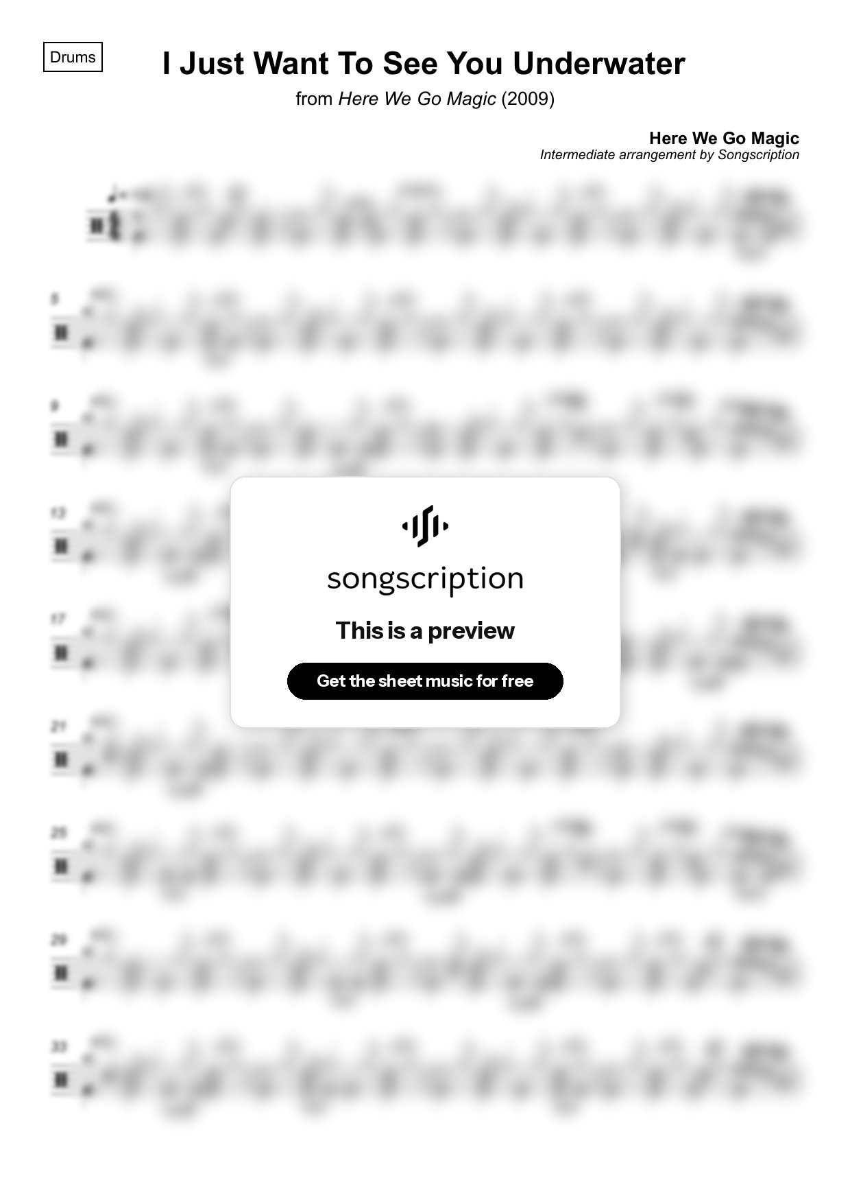 Intermediate Drums Sheet Music for "I Just Want To See You Underwater" by Here We Go Magic