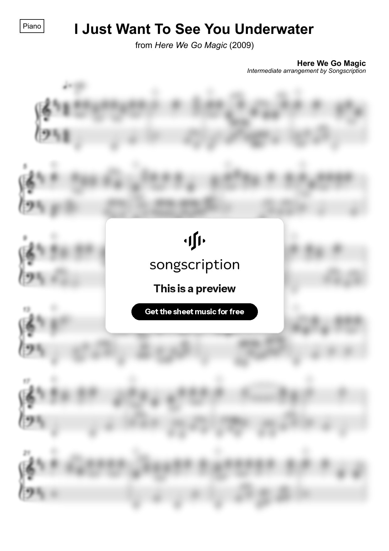 Intermediate Piano Sheet Music for "I Just Want To See You Underwater" by Here We Go Magic