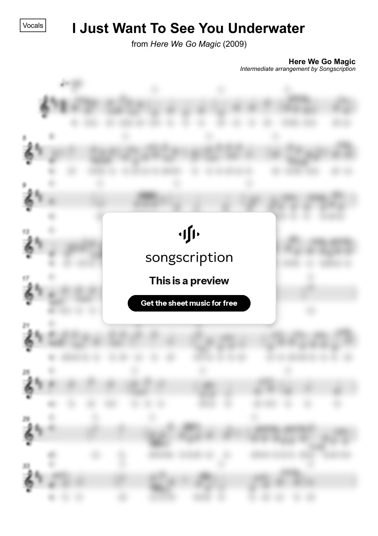 Intermediate Vocals Sheet Music for "I Just Want To See You Underwater" by Here We Go Magic