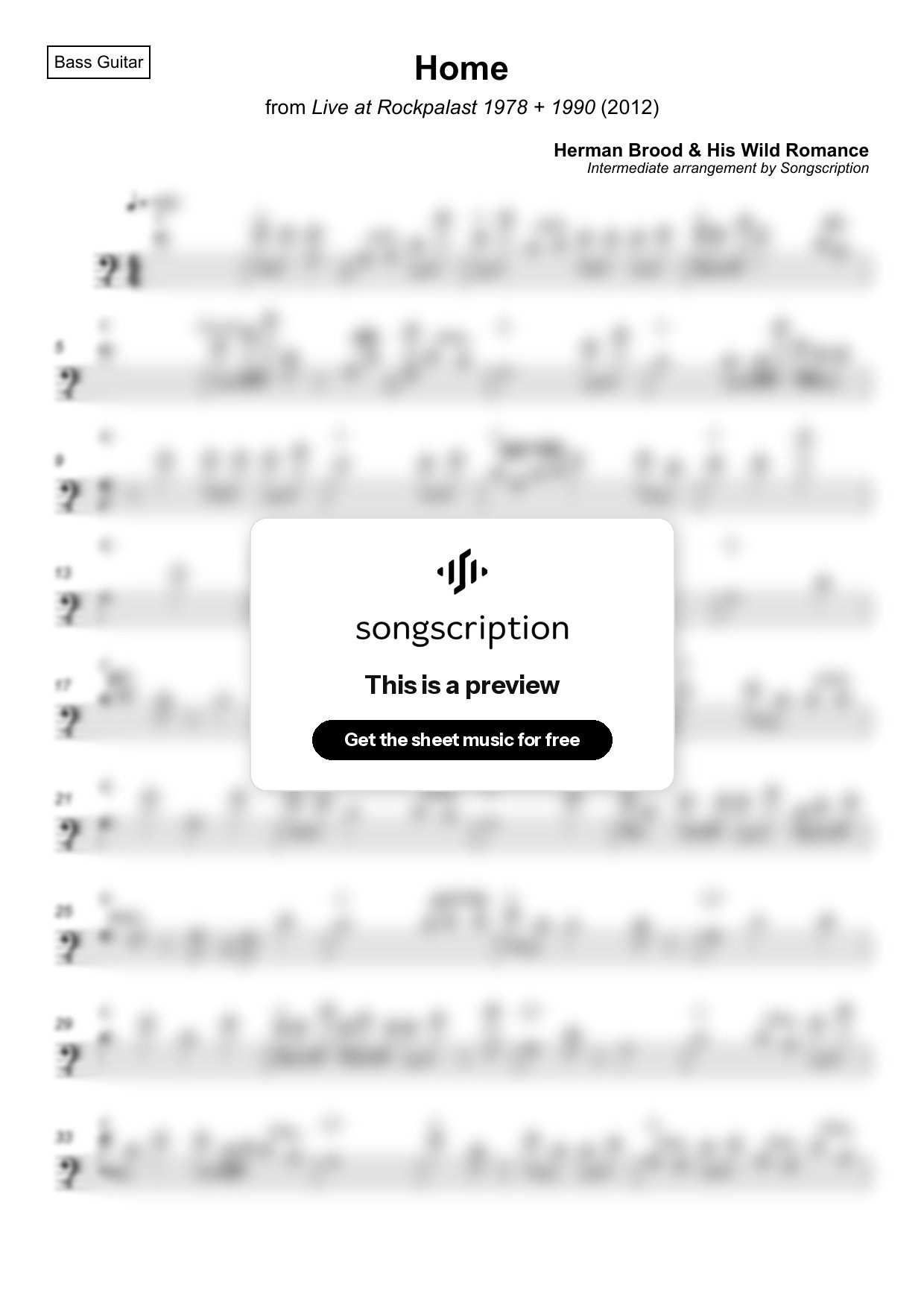 Intermediate Bass Guitar Sheet Music for "Home" by Herman Brood & His Wild Romance