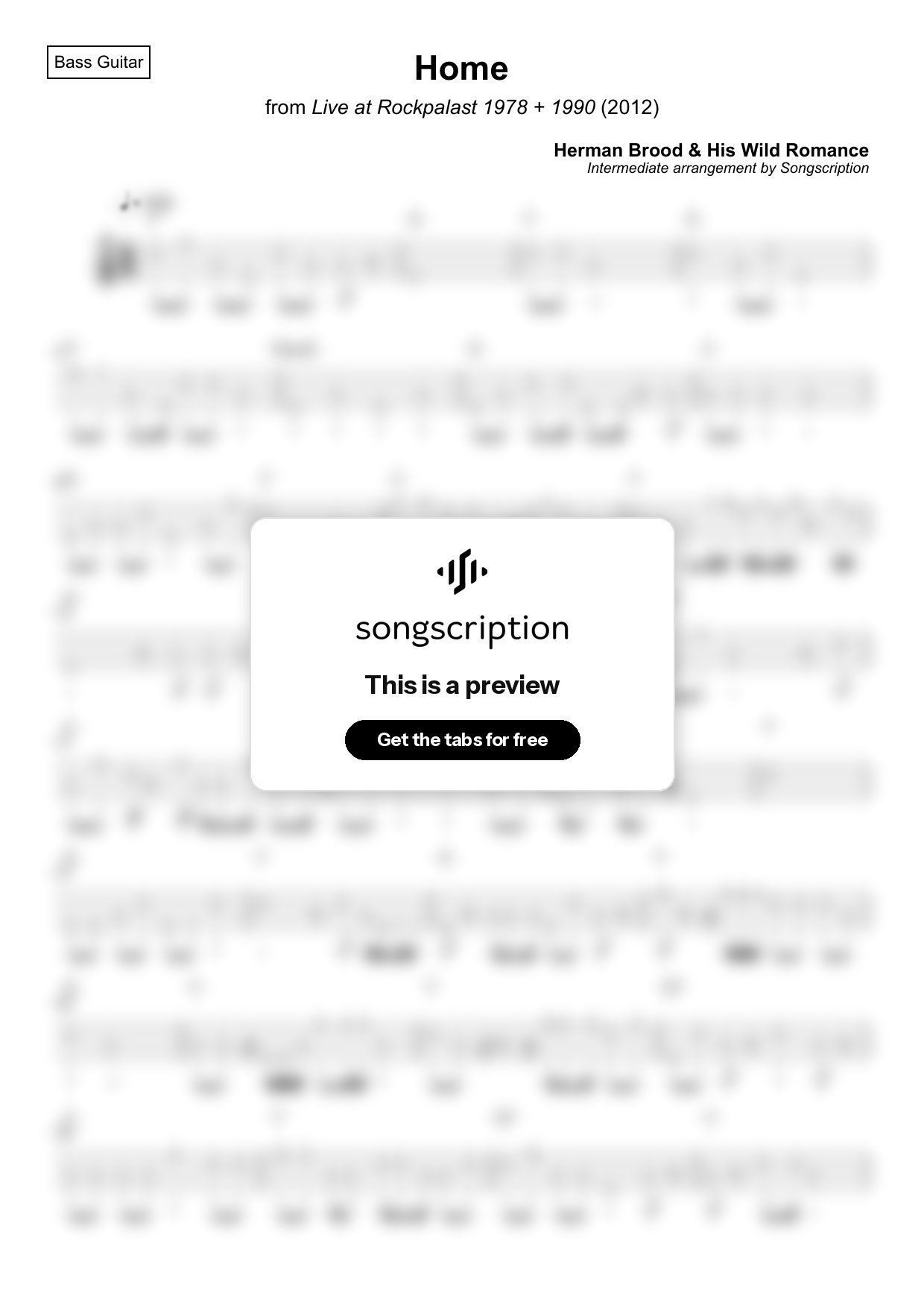 Intermediate Bass Guitar Tabs for "Home" by Herman Brood & His Wild Romance