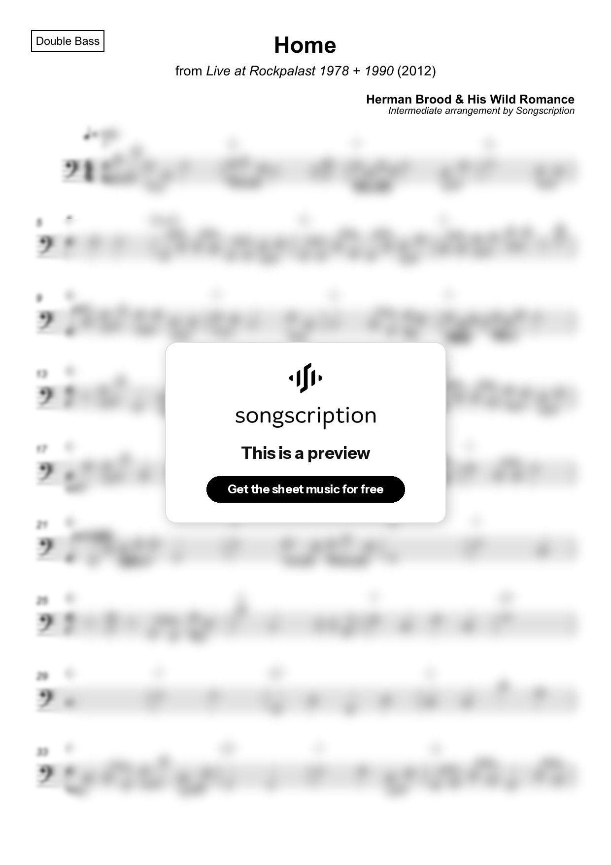 Intermediate Double Bass Sheet Music for "Home" by Herman Brood & His Wild Romance