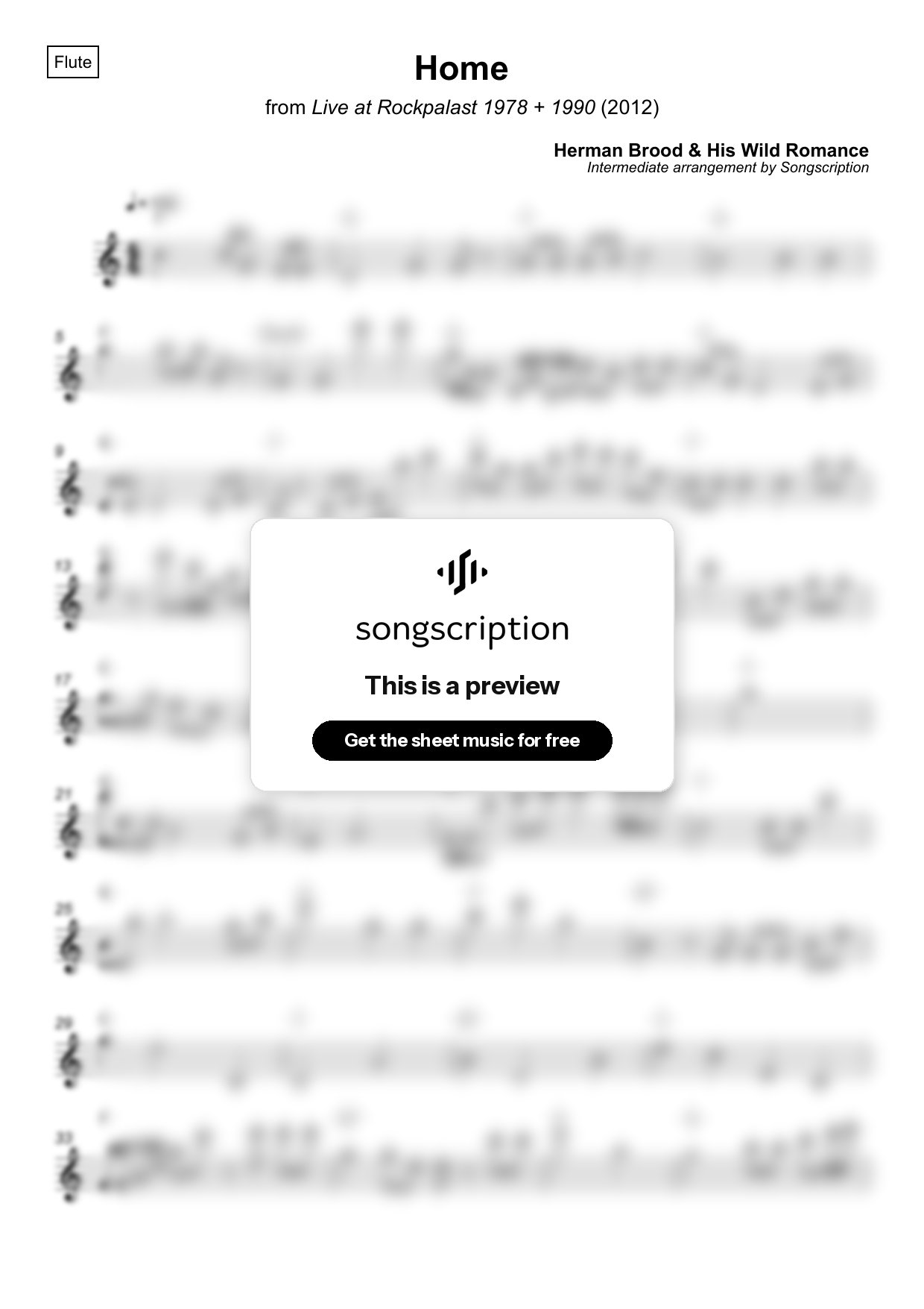 Intermediate Flute Sheet Music for "Home" by Herman Brood & His Wild Romance