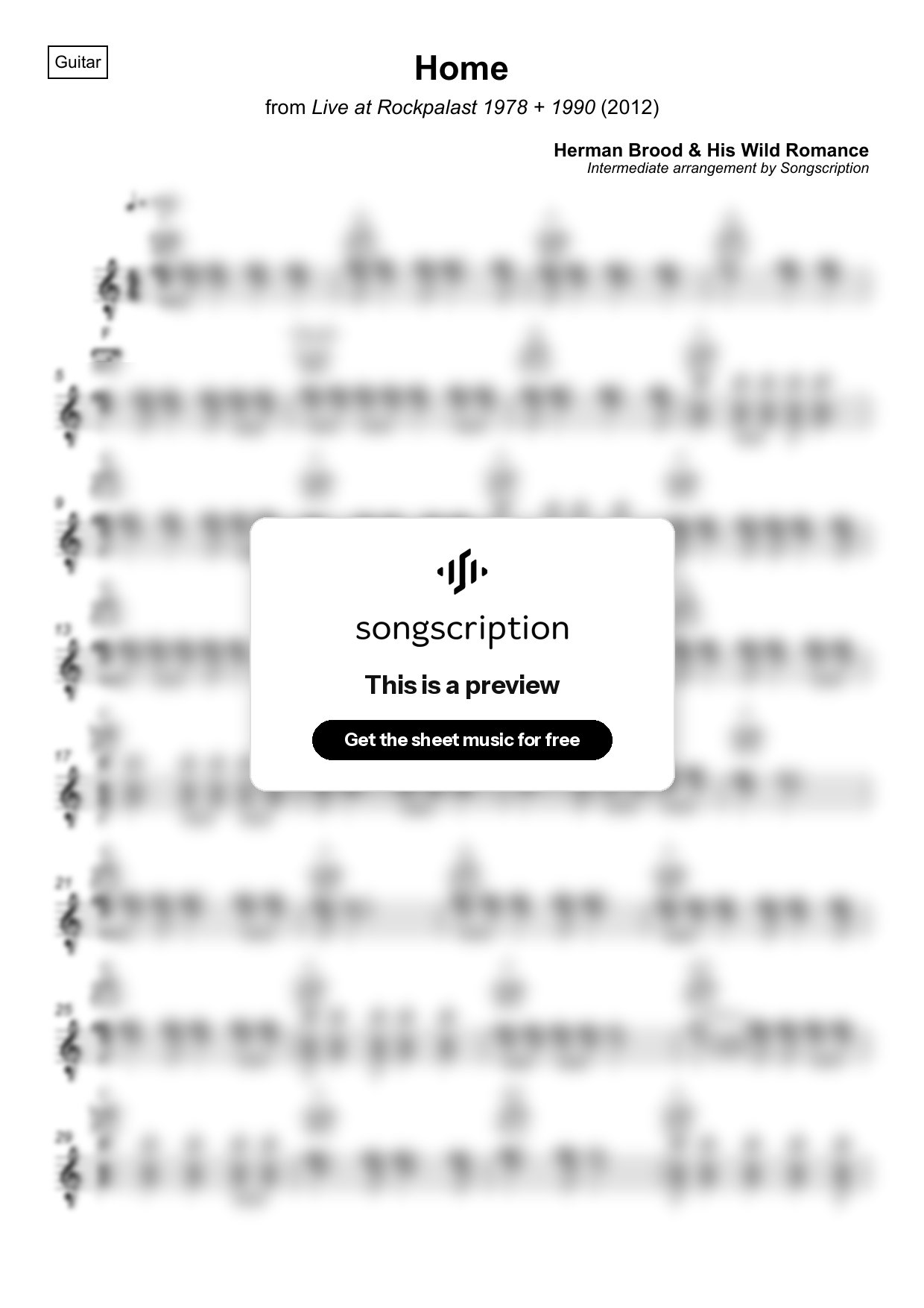 Intermediate Acoustic Guitar Sheet Music for "Home" by Herman Brood & His Wild Romance