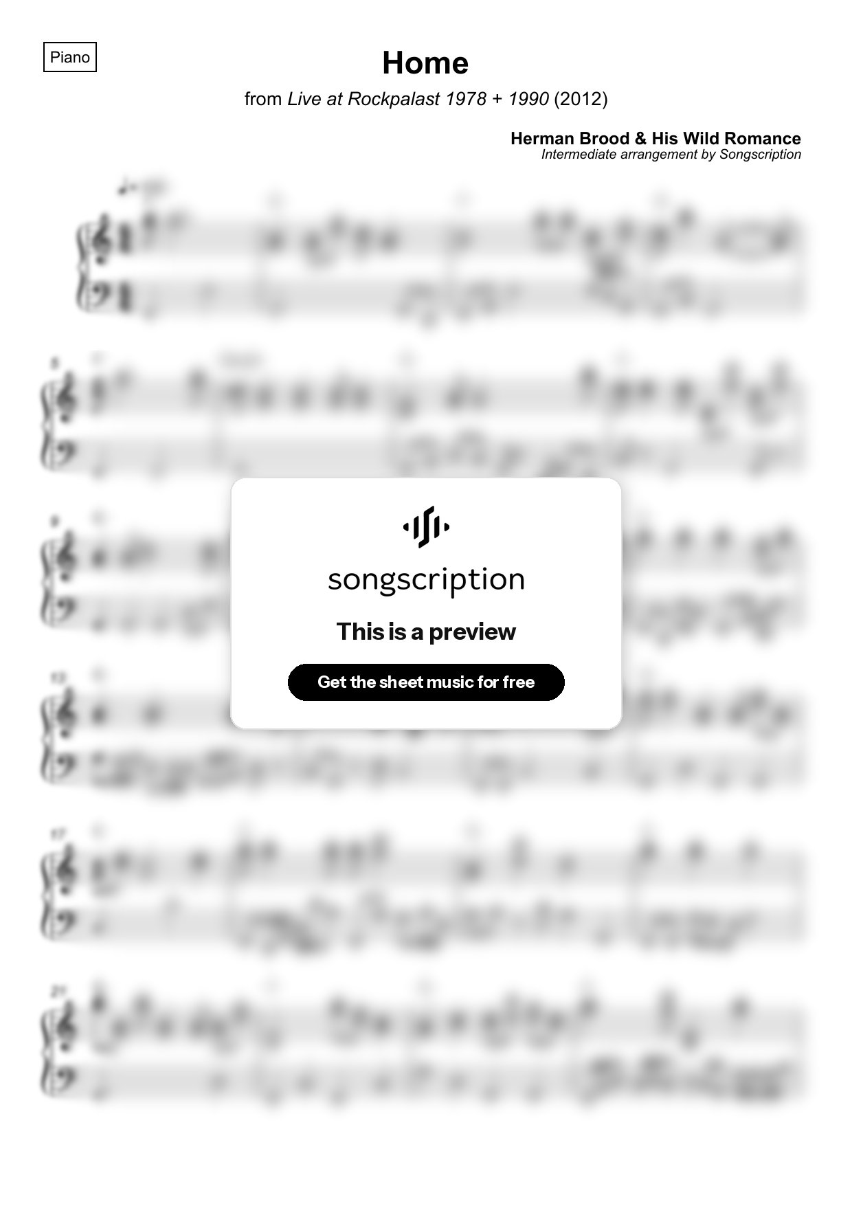 Intermediate Piano Sheet Music for "Home" by Herman Brood & His Wild Romance