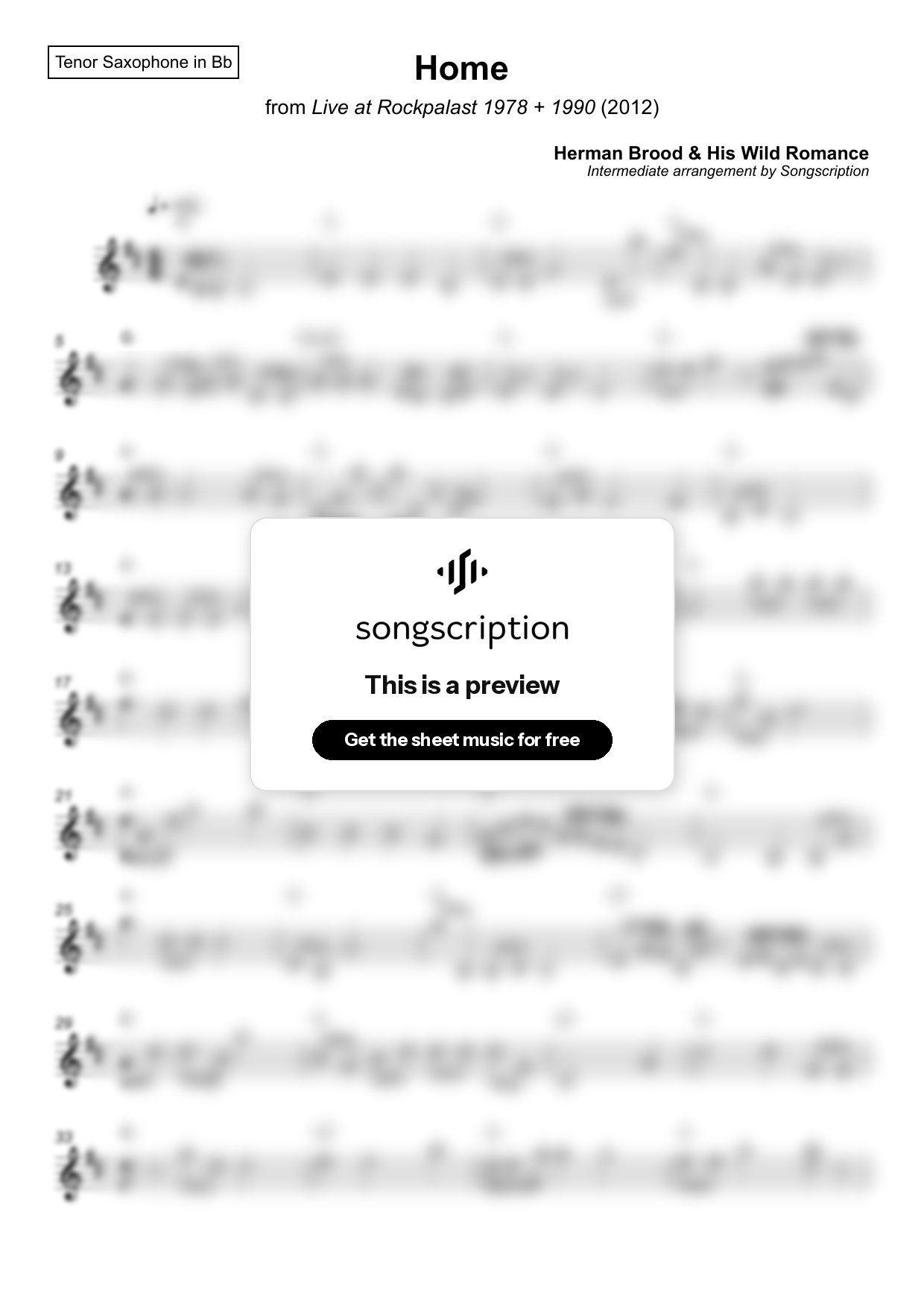 Intermediate Tenor Sax Sheet Music for "Home" by Herman Brood & His Wild Romance