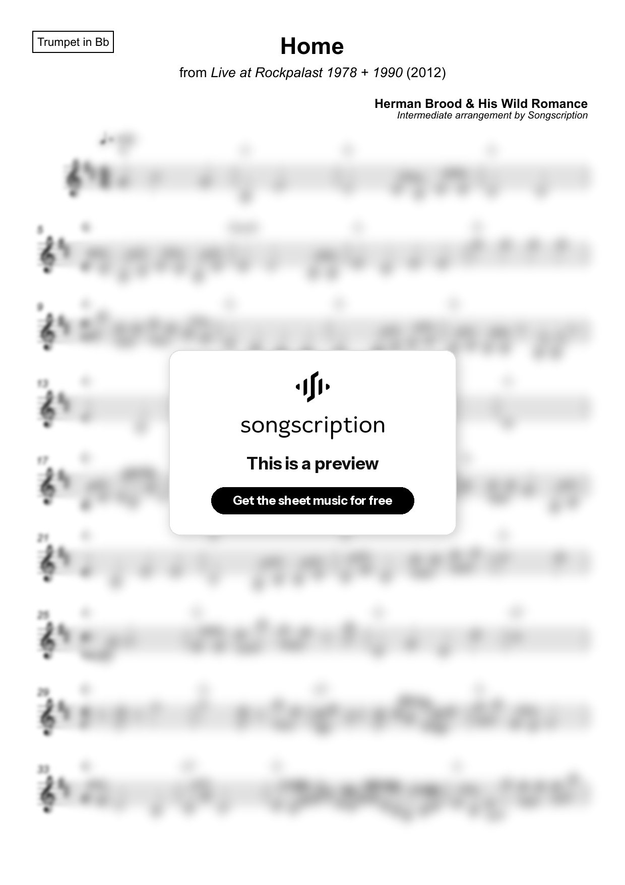 Intermediate Trumpet Sheet Music for "Home" by Herman Brood & His Wild Romance