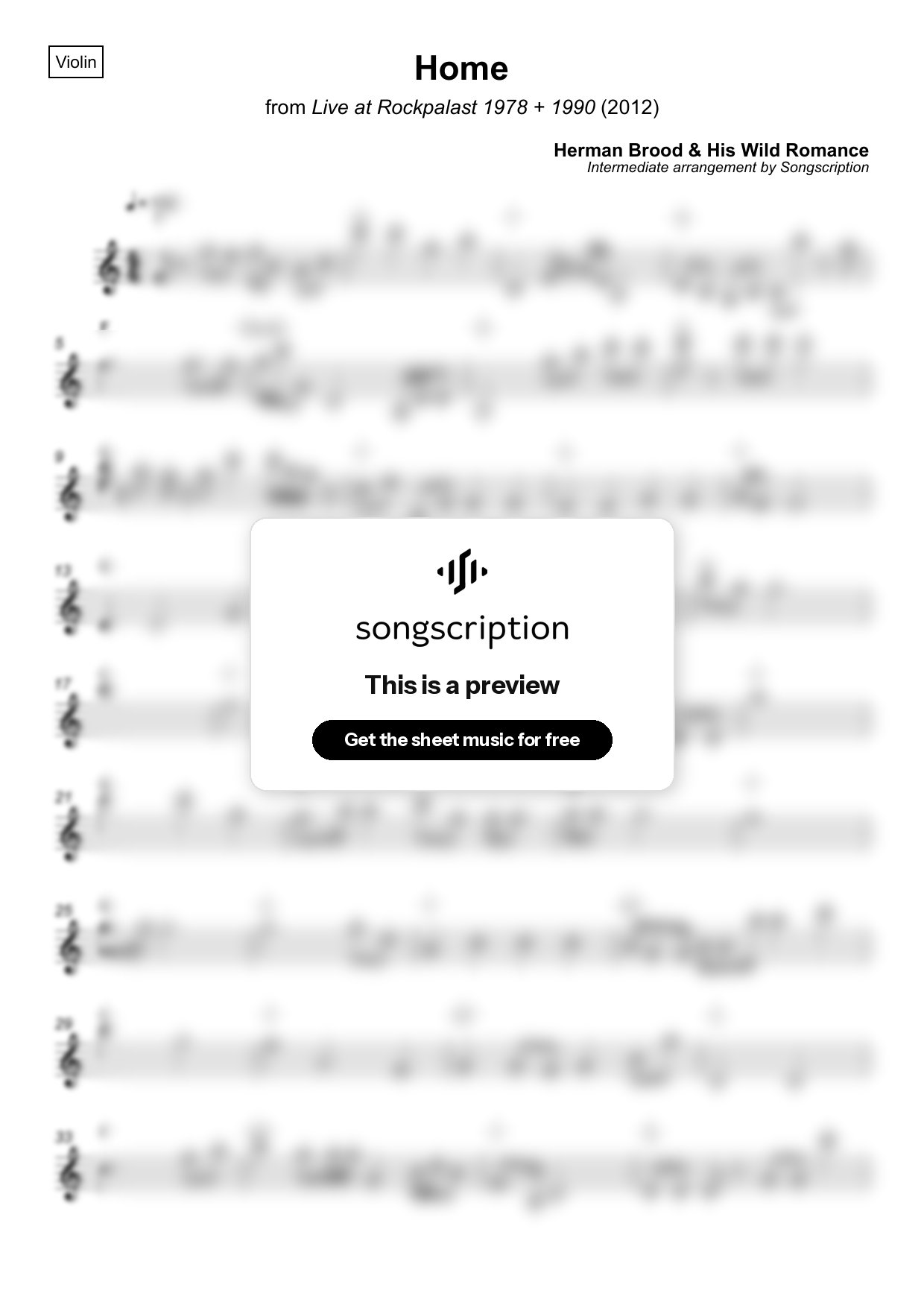 Intermediate Violin Sheet Music for "Home" by Herman Brood & His Wild Romance