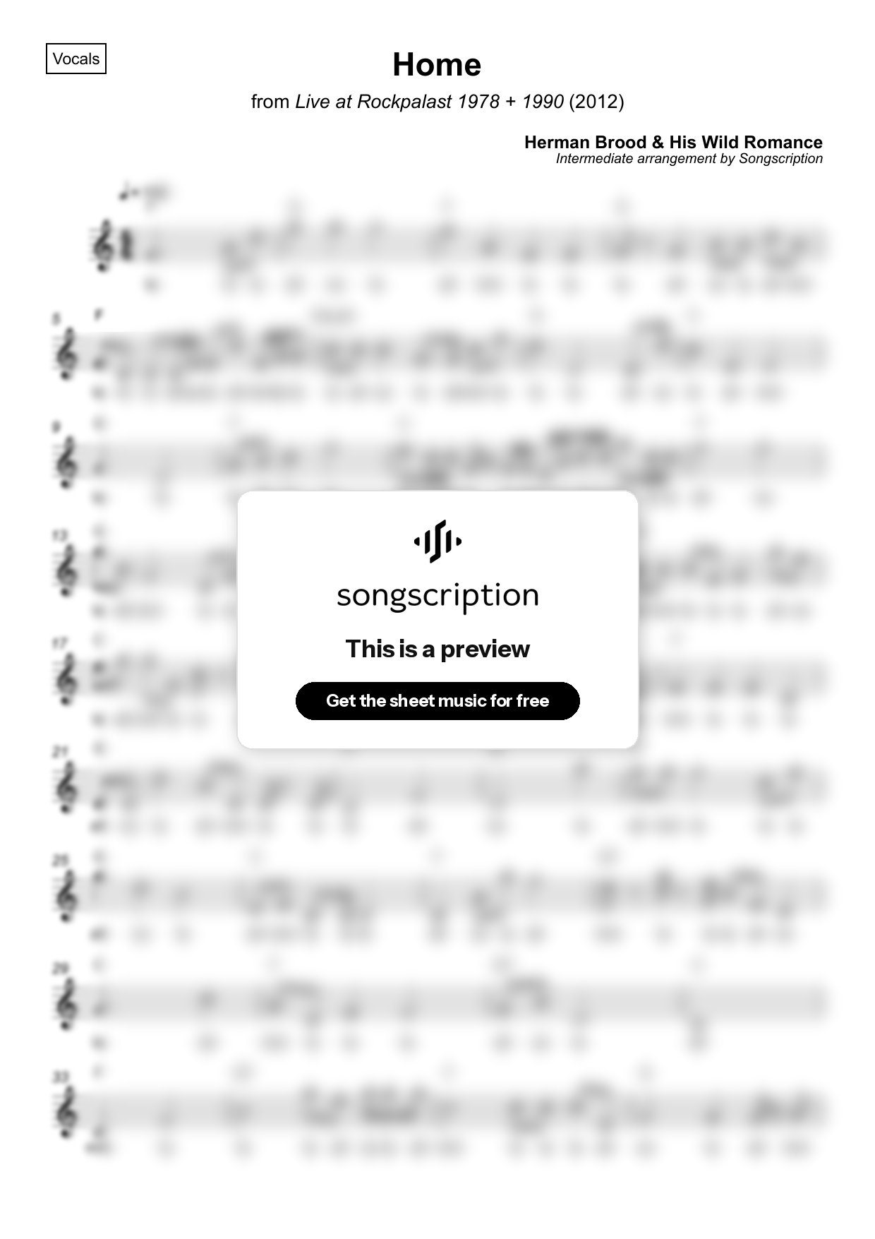 Intermediate Vocals Sheet Music for "Home" by Herman Brood & His Wild Romance