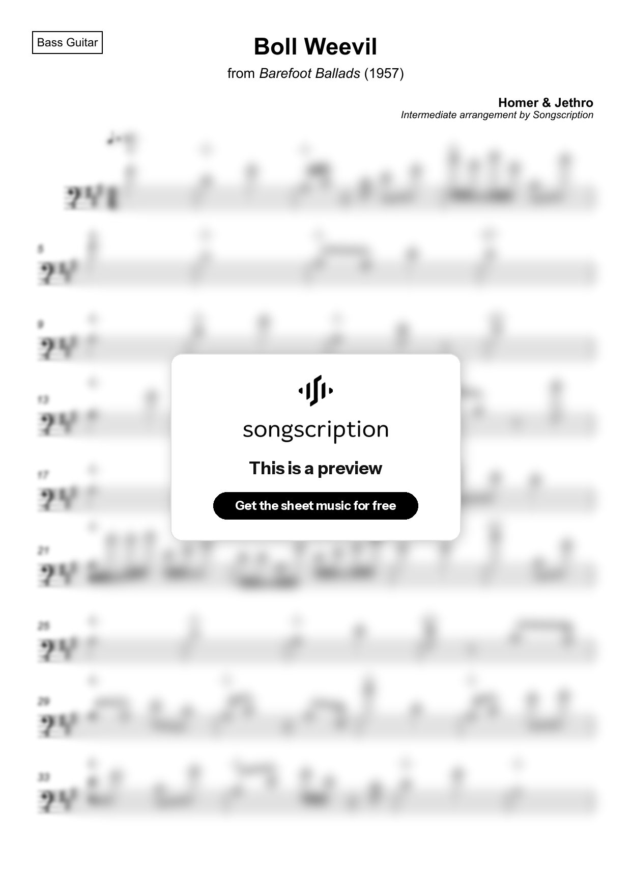 Intermediate Bass Guitar Sheet Music for "Boll Weevil" by Homer & Jethro