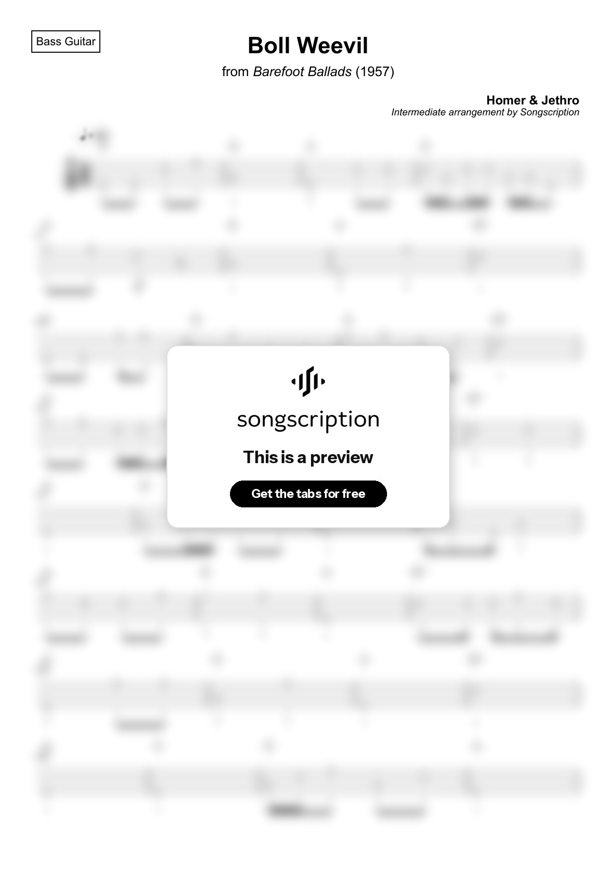 Intermediate Bass Guitar Tabs for "Boll Weevil" by Homer & Jethro