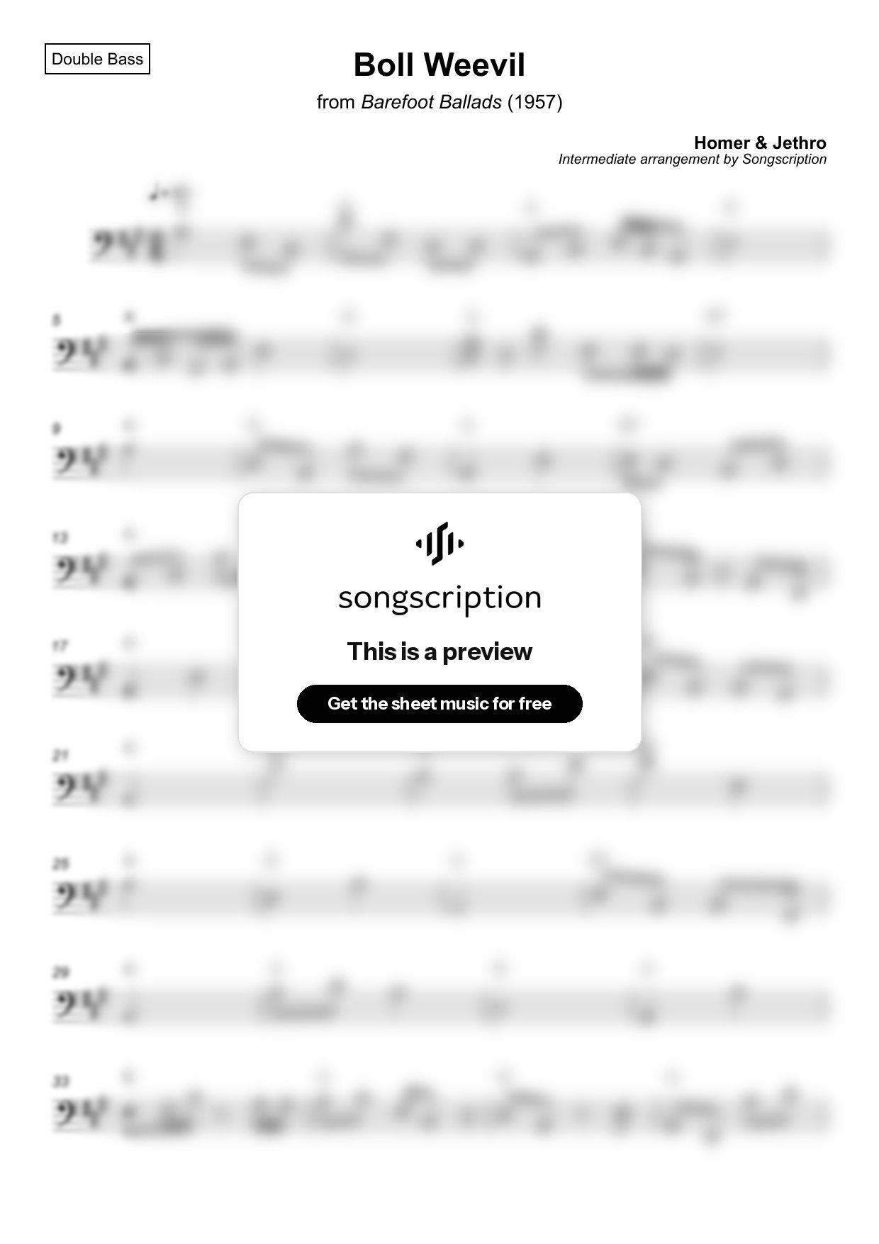 Intermediate Double Bass Sheet Music for "Boll Weevil" by Homer & Jethro