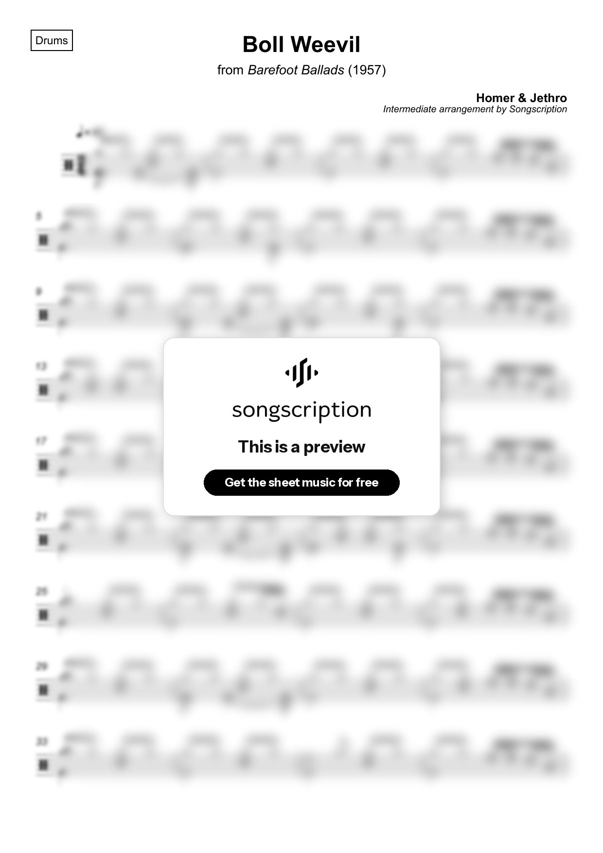 Intermediate Drums Sheet Music for "Boll Weevil" by Homer & Jethro