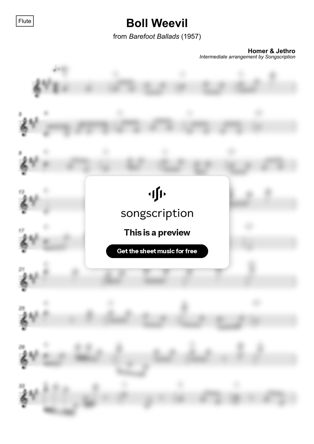Intermediate Flute Sheet Music for "Boll Weevil" by Homer & Jethro