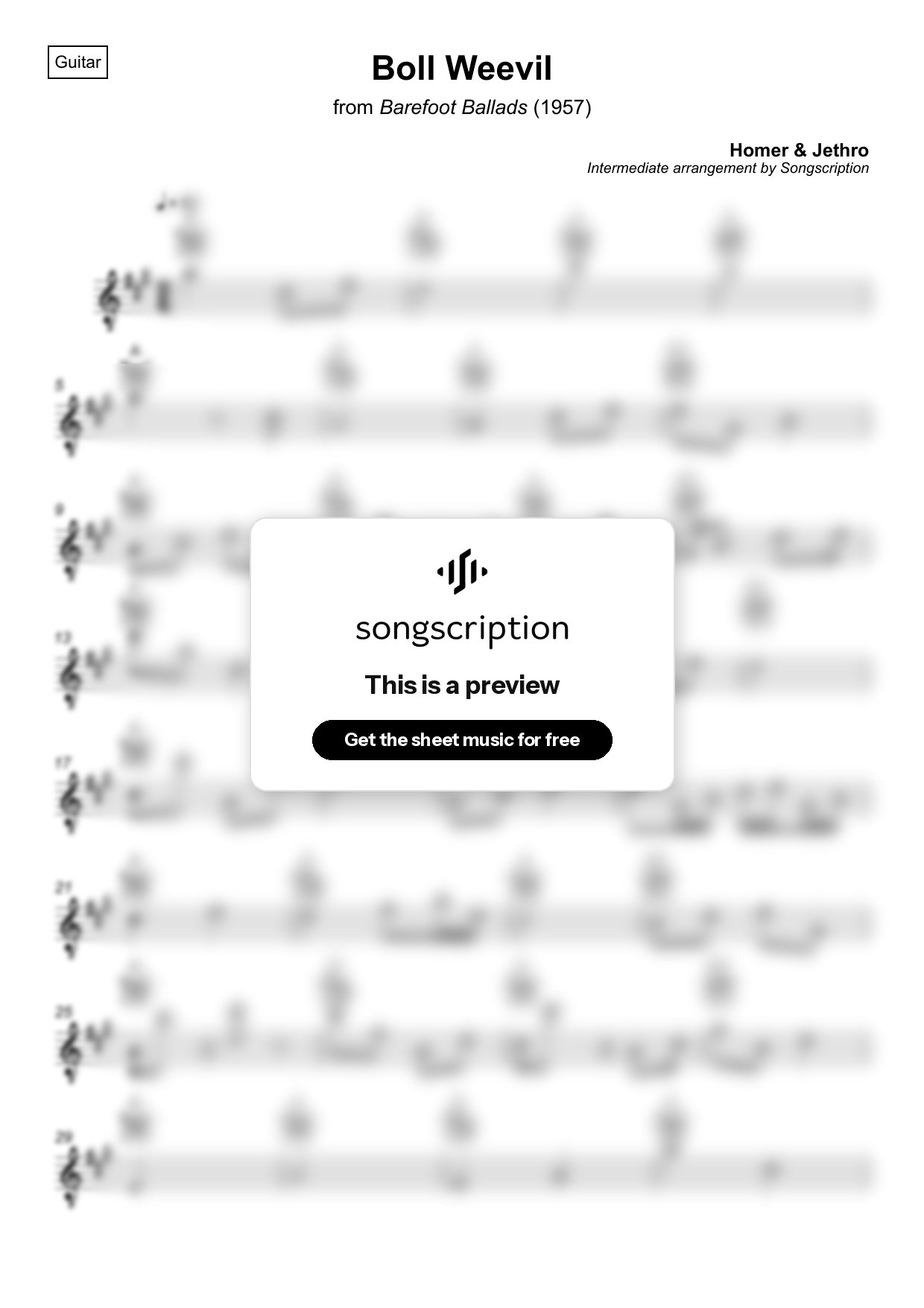 Intermediate Acoustic Guitar Sheet Music for "Boll Weevil" by Homer & Jethro