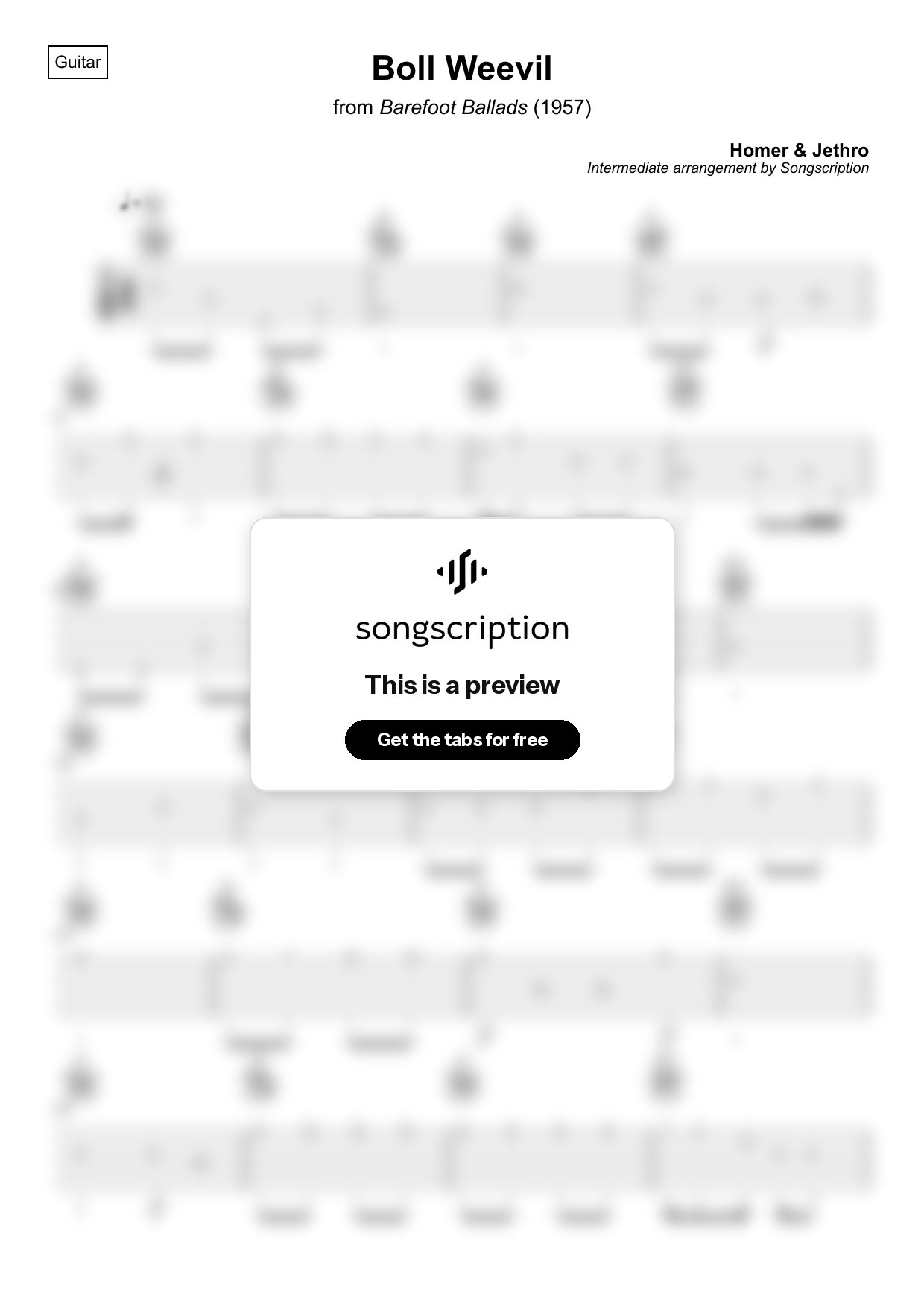 Intermediate Acoustic Guitar Tabs for "Boll Weevil" by Homer & Jethro