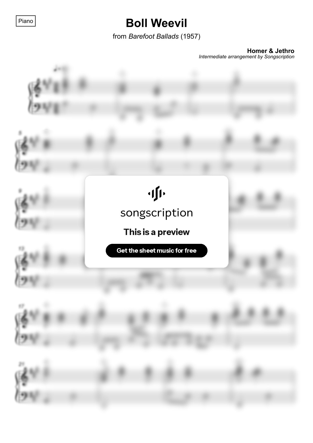 Intermediate Piano Sheet Music for "Boll Weevil" by Homer & Jethro