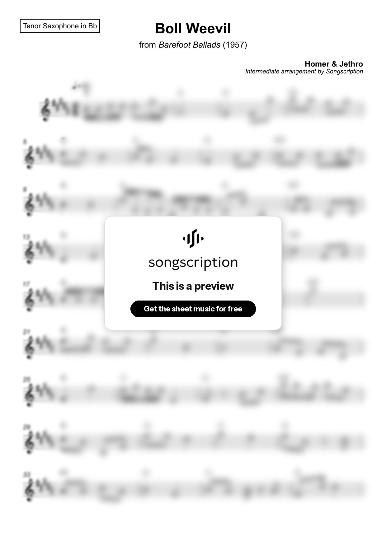 Intermediate Tenor Sax Sheet Music for "Boll Weevil" by Homer & Jethro
