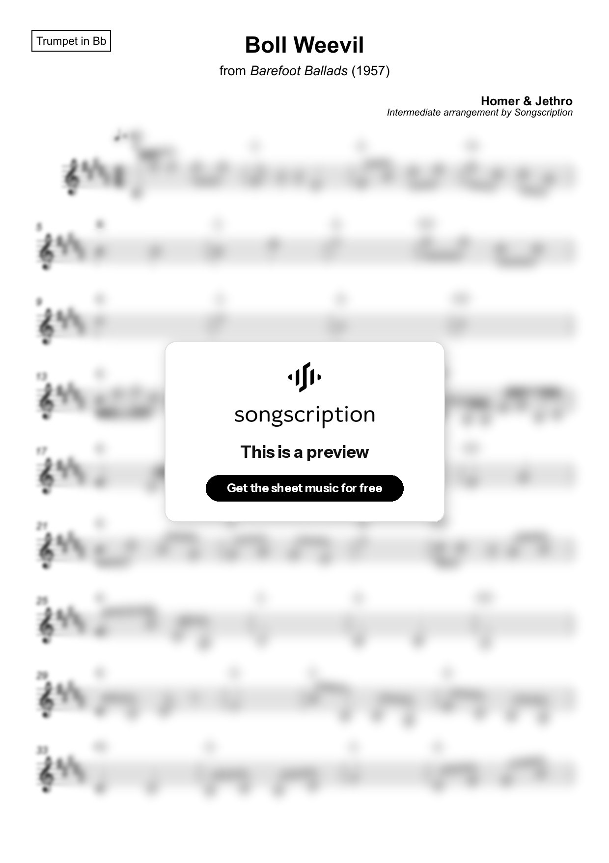 Intermediate Trumpet Sheet Music for "Boll Weevil" by Homer & Jethro
