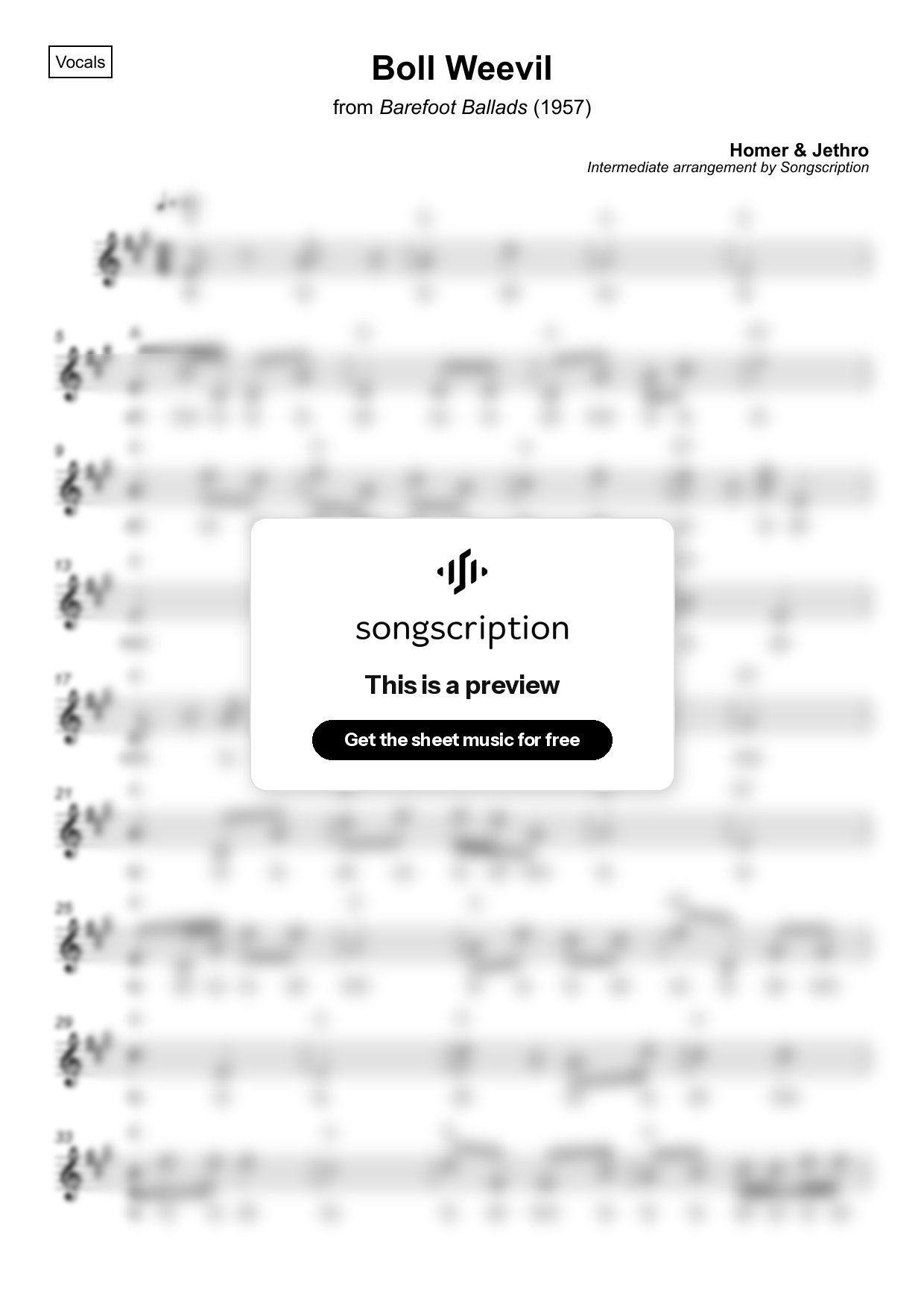 Intermediate Vocals Sheet Music for "Boll Weevil" by Homer & Jethro