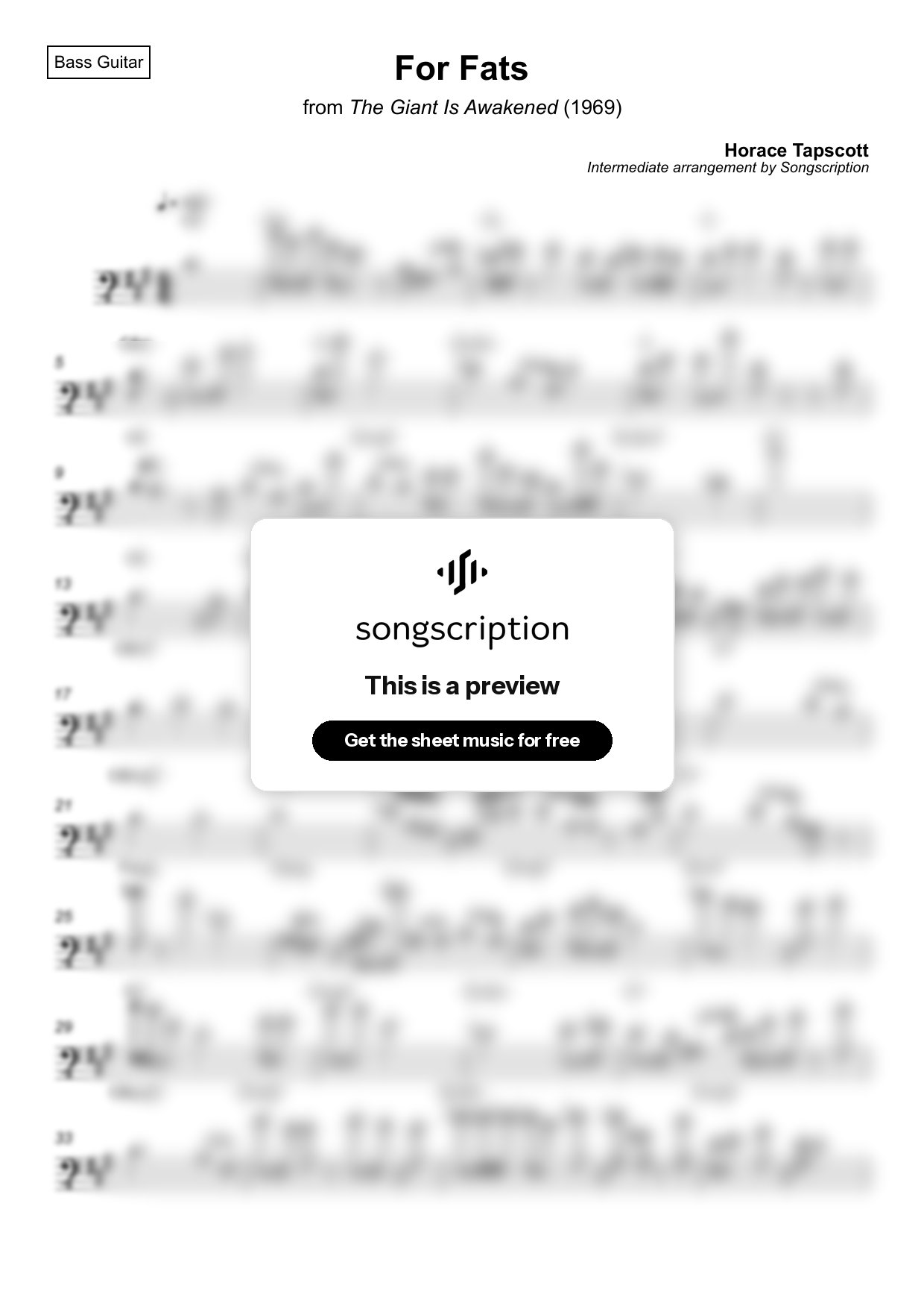 Intermediate Bass Guitar Sheet Music for "For Fats" by Horace Tapscott