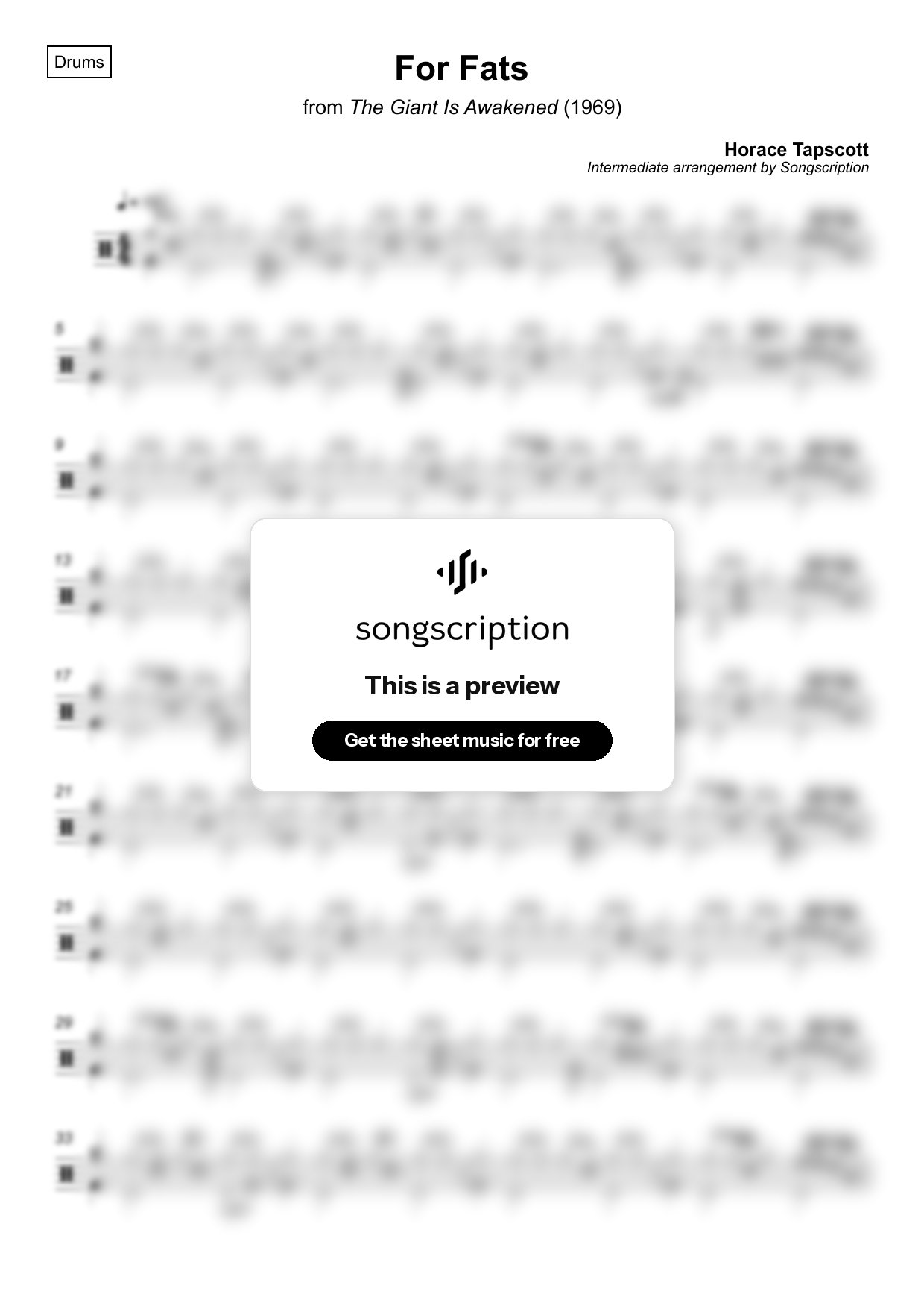 Intermediate Drums Sheet Music for "For Fats" by Horace Tapscott