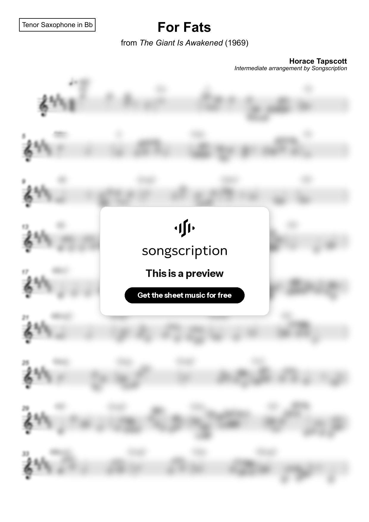 Intermediate Tenor Sax Sheet Music for "For Fats" by Horace Tapscott