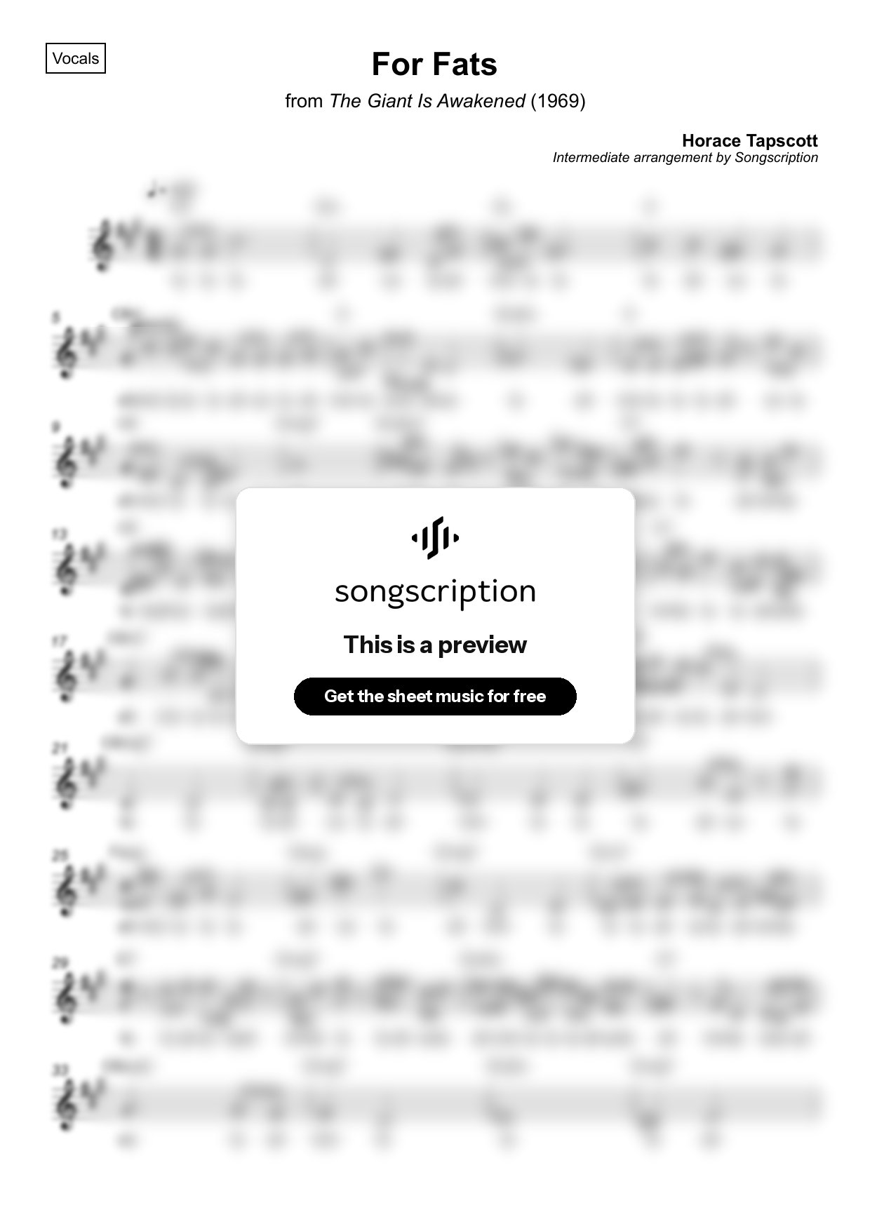 Intermediate Vocals Sheet Music for "For Fats" by Horace Tapscott