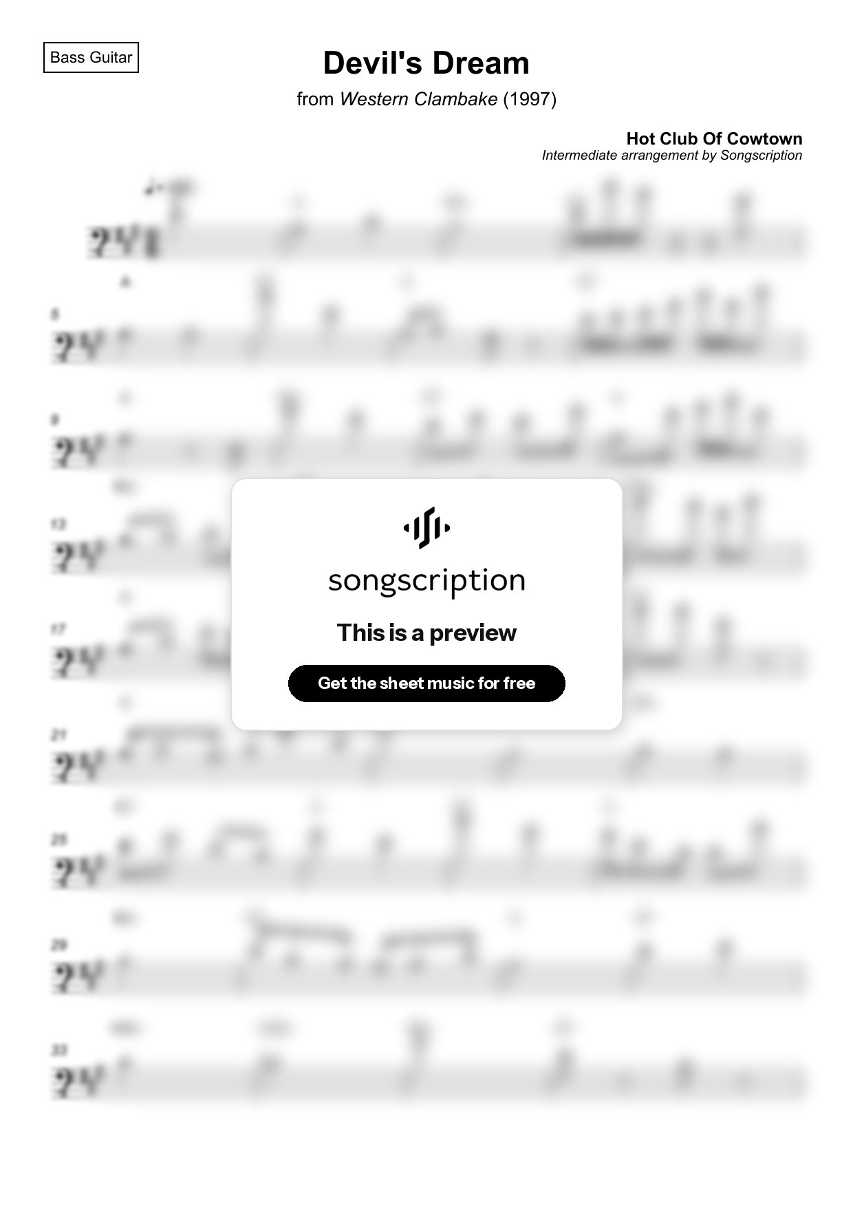 Intermediate Bass Guitar Sheet Music for "Devil's Dream" by Hot Club Of Cowtown