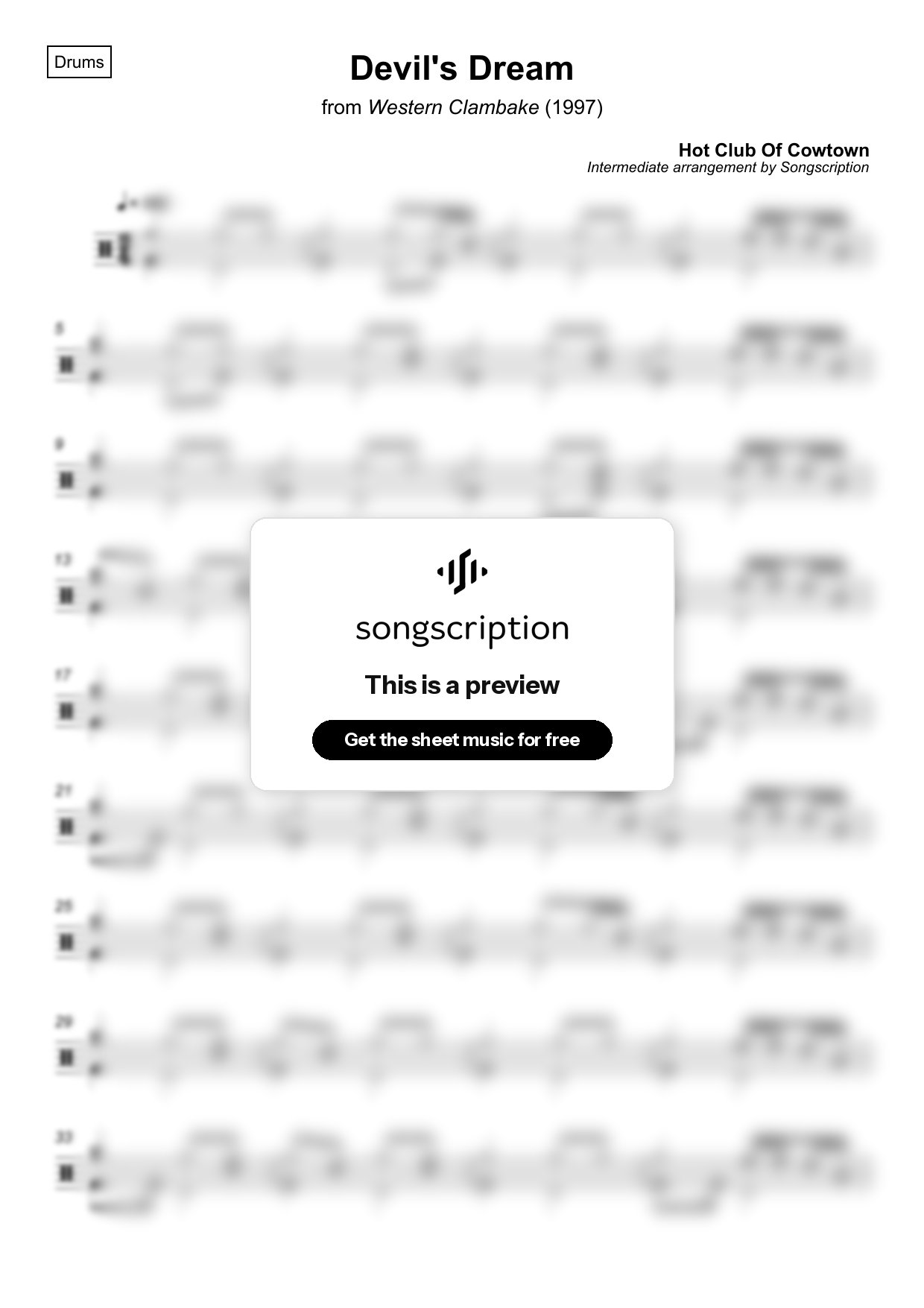 Intermediate Drums Sheet Music for "Devil's Dream" by Hot Club Of Cowtown