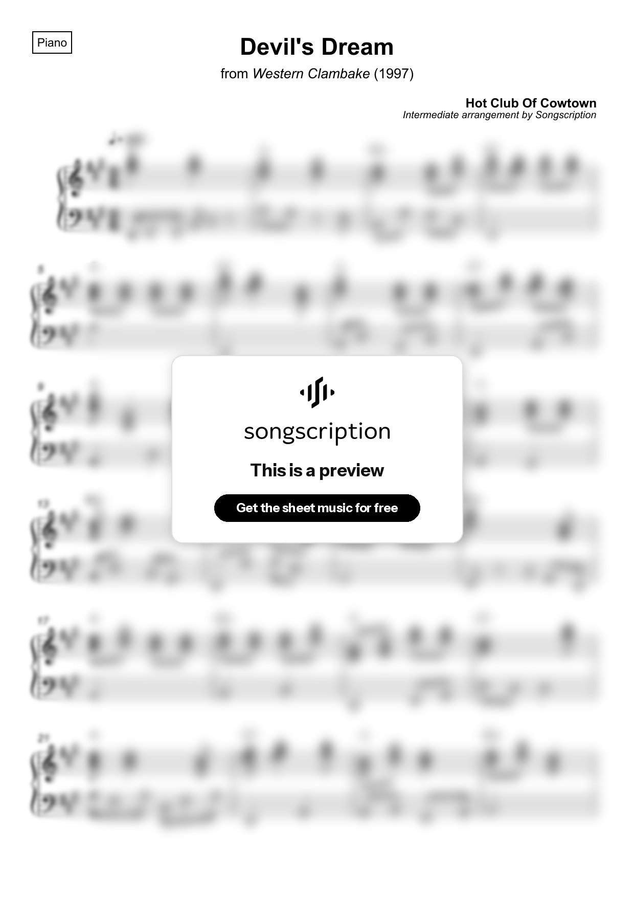 Intermediate Piano Sheet Music for "Devil's Dream" by Hot Club Of Cowtown