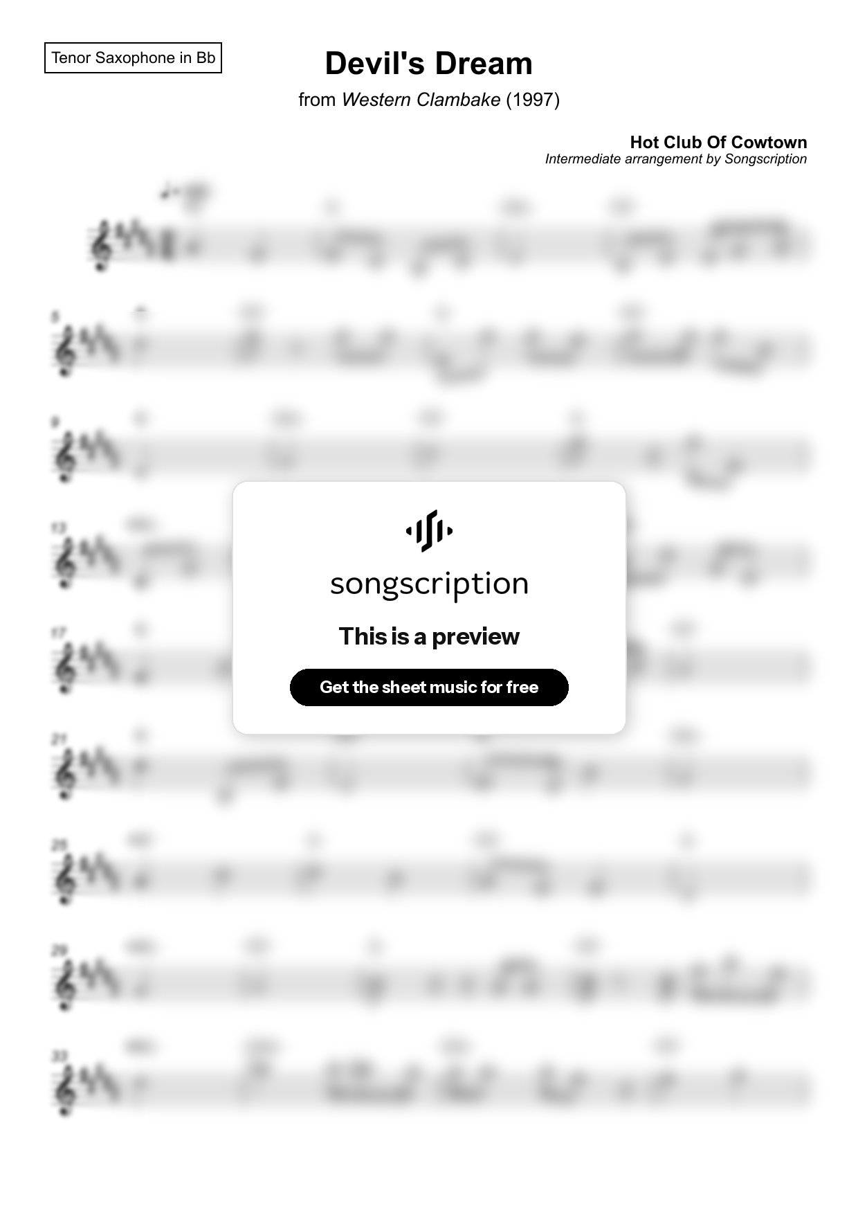 Intermediate Tenor Sax Sheet Music for "Devil's Dream" by Hot Club Of Cowtown
