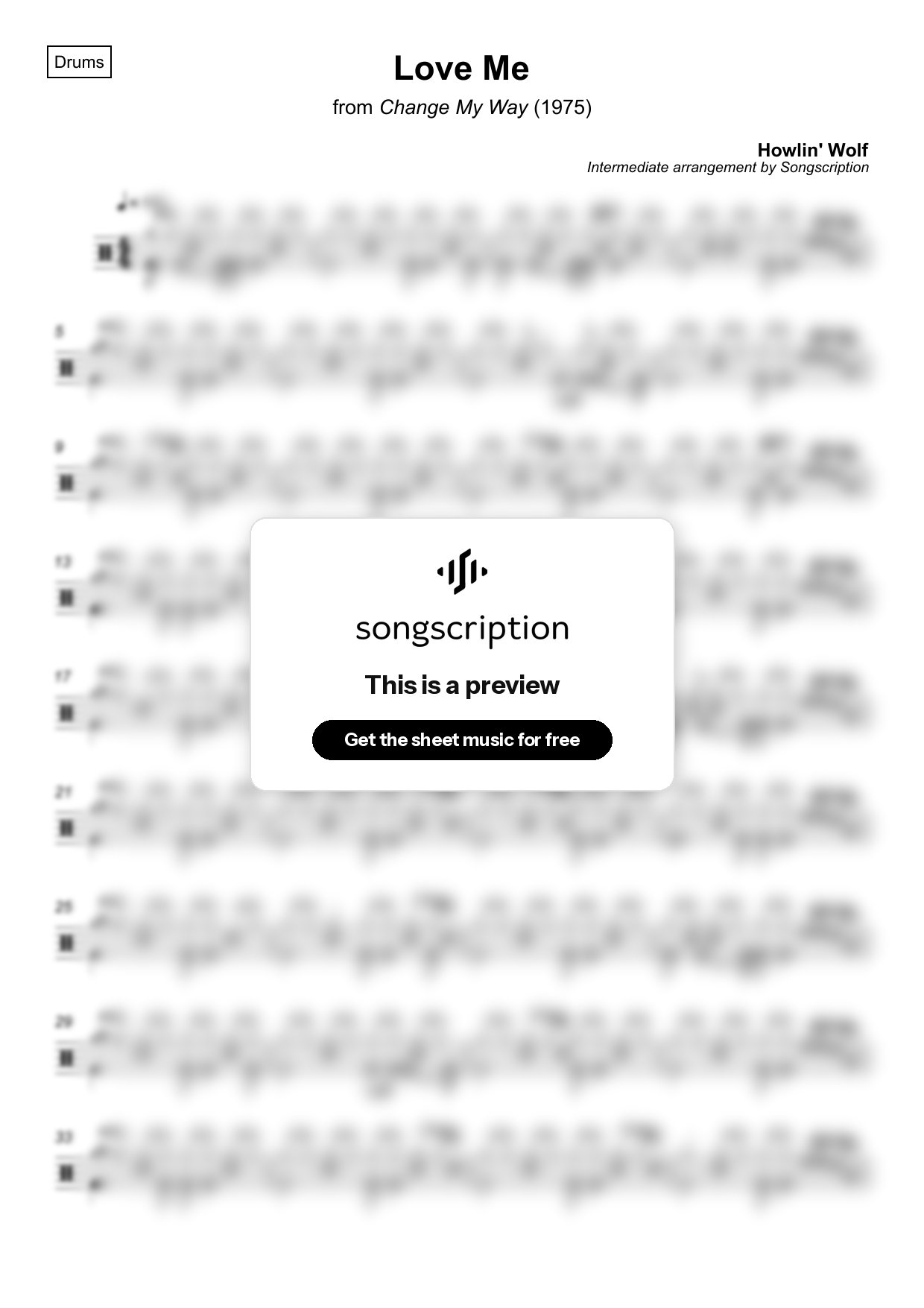 Intermediate Drums Sheet Music for "Love Me" by Howlin' Wolf