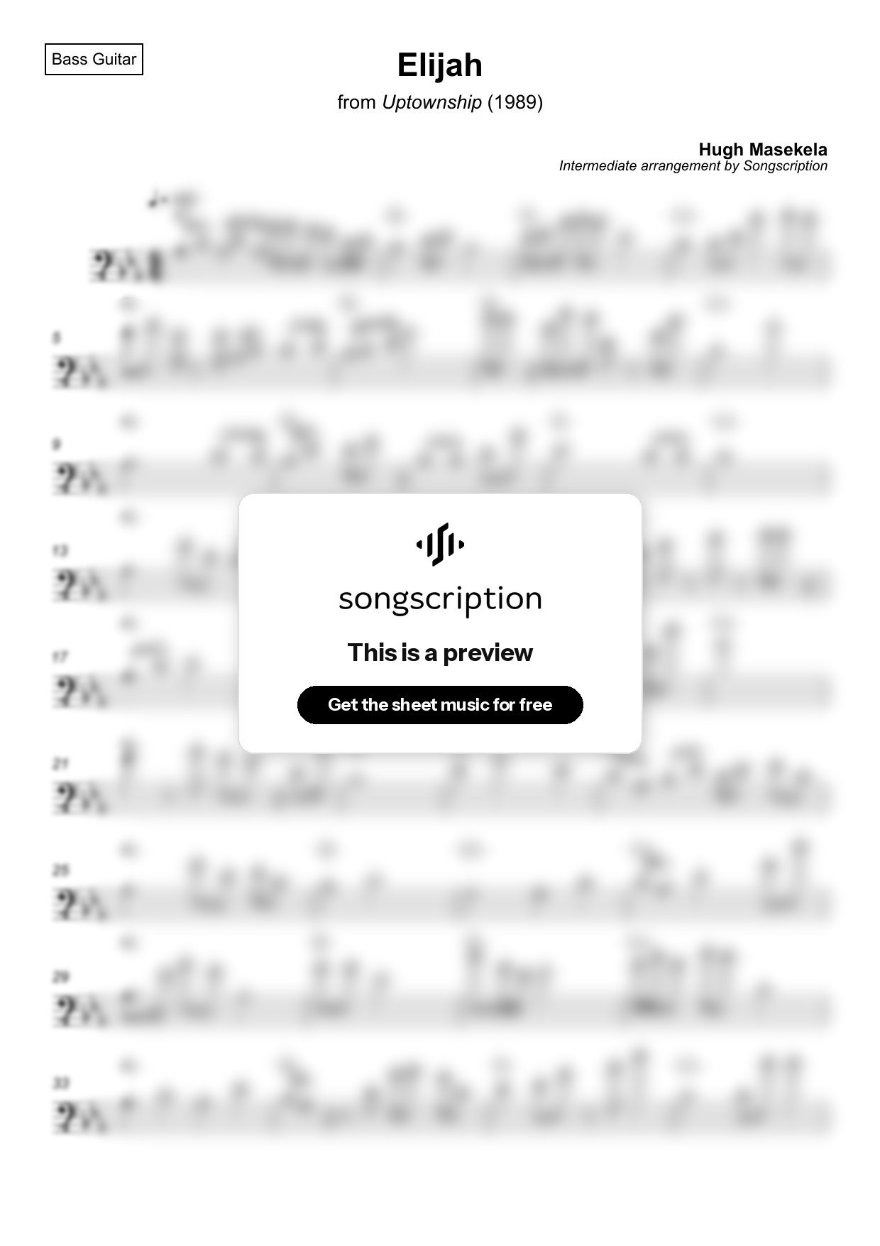 Intermediate Bass Guitar Sheet Music for "Elijah" by Hugh Masekela