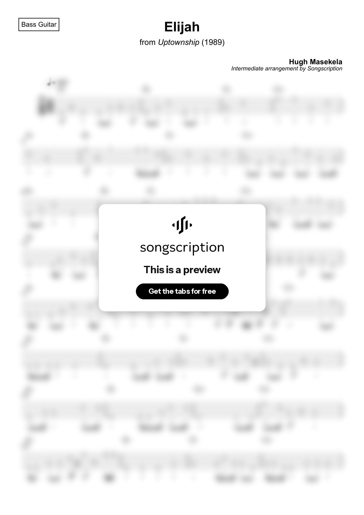 Intermediate Bass Guitar Tabs for "Elijah" by Hugh Masekela