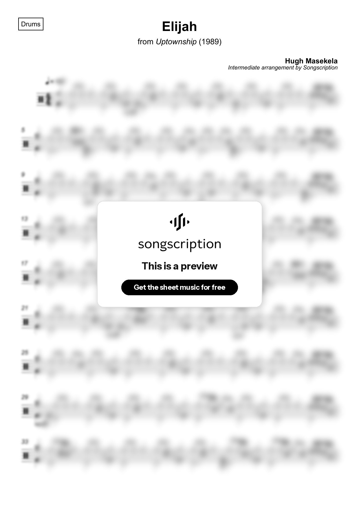 Intermediate Drums Sheet Music for "Elijah" by Hugh Masekela