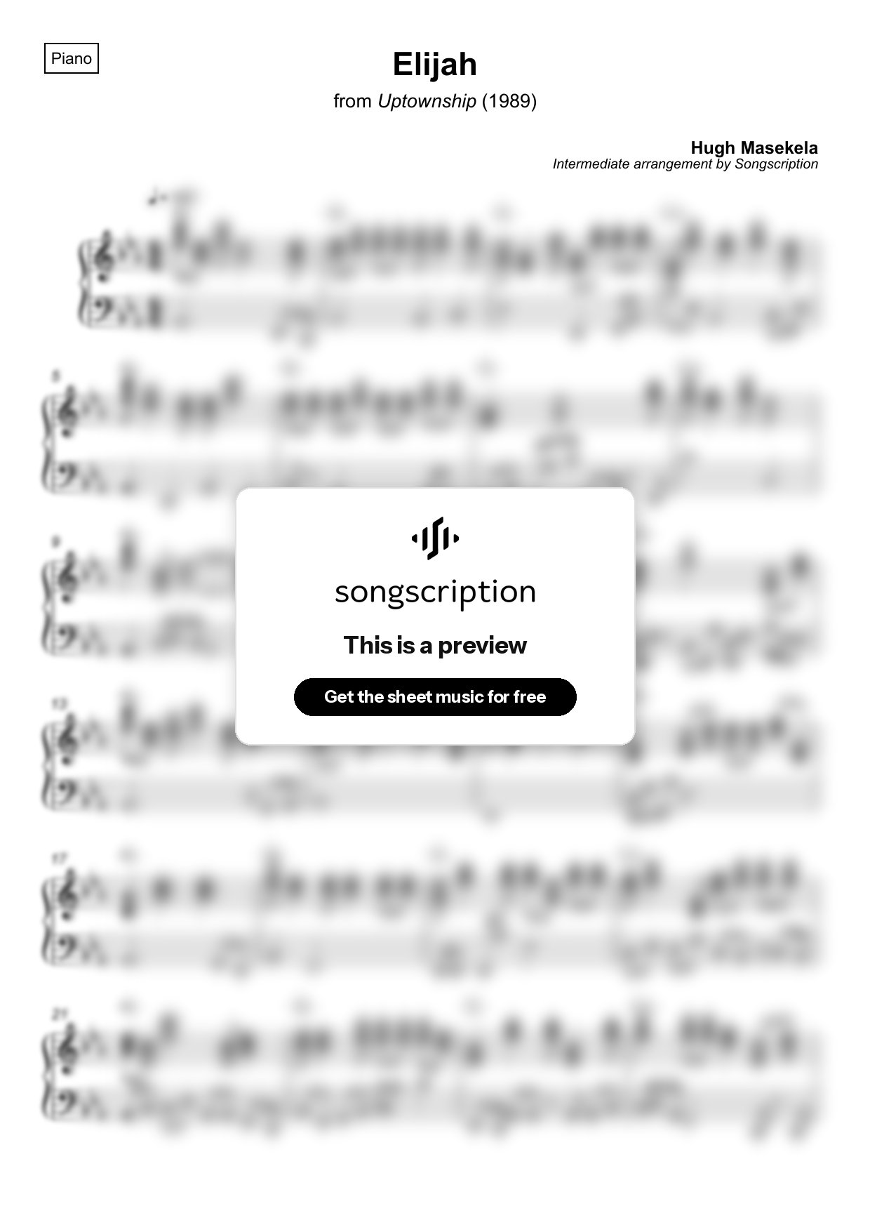 Intermediate Piano Sheet Music for "Elijah" by Hugh Masekela