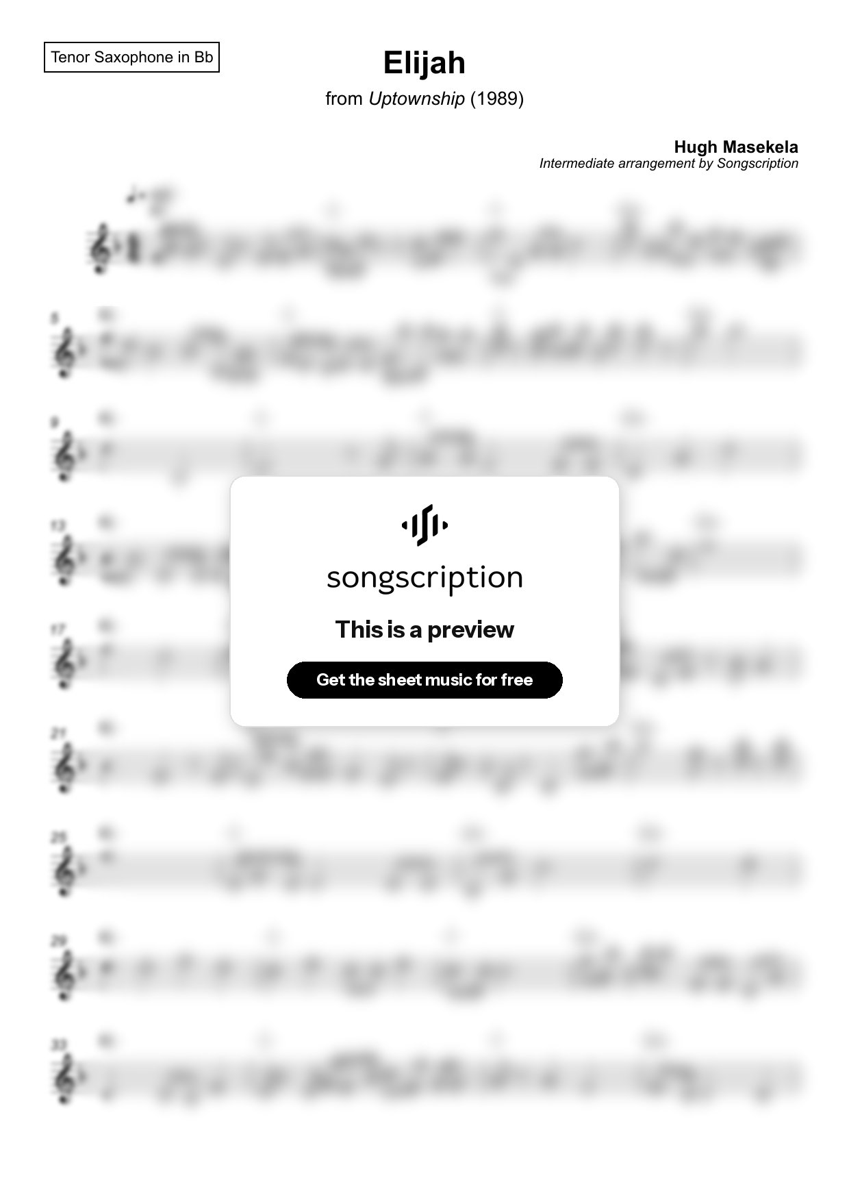 Intermediate Tenor Sax Sheet Music for "Elijah" by Hugh Masekela