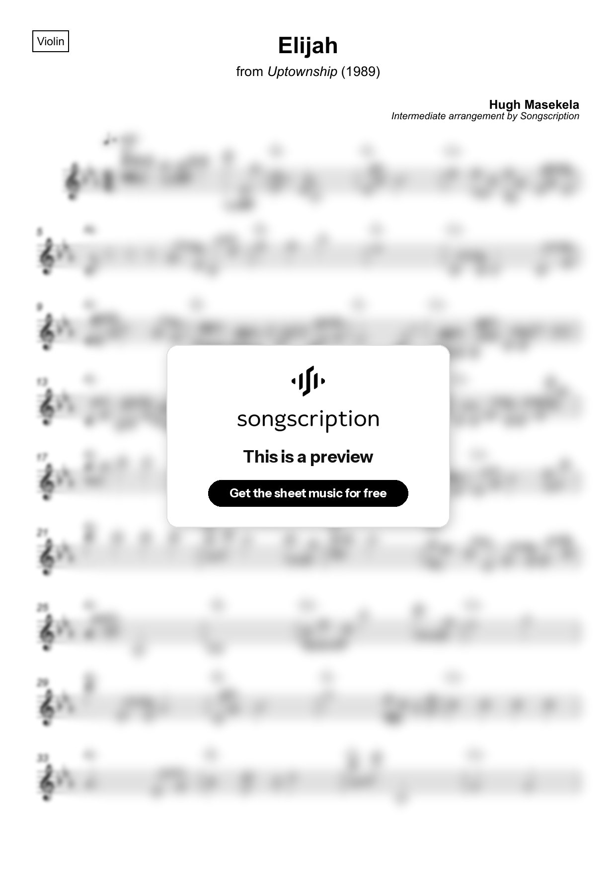 Intermediate Violin Sheet Music for "Elijah" by Hugh Masekela