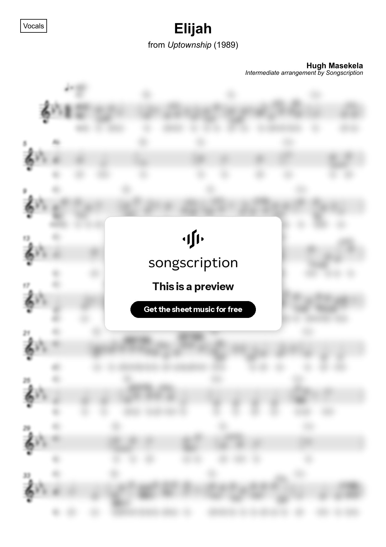 Intermediate Vocals Sheet Music for "Elijah" by Hugh Masekela