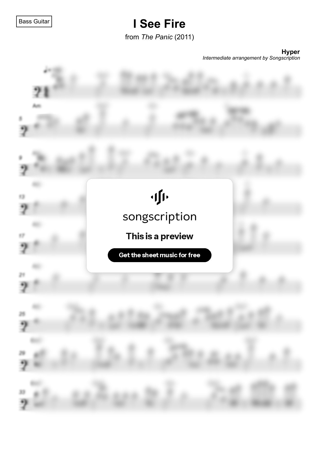 Intermediate Bass Guitar Sheet Music for "I See Fire" by Hyper