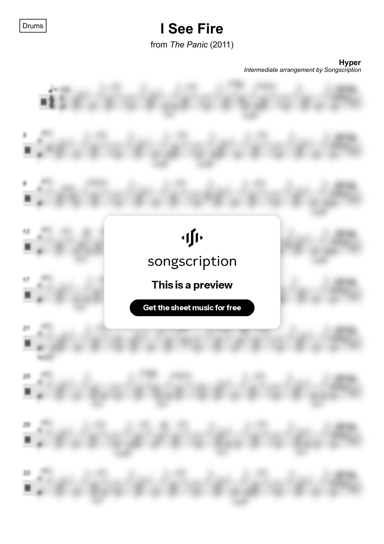 Intermediate Drums Sheet Music for "I See Fire" by Hyper