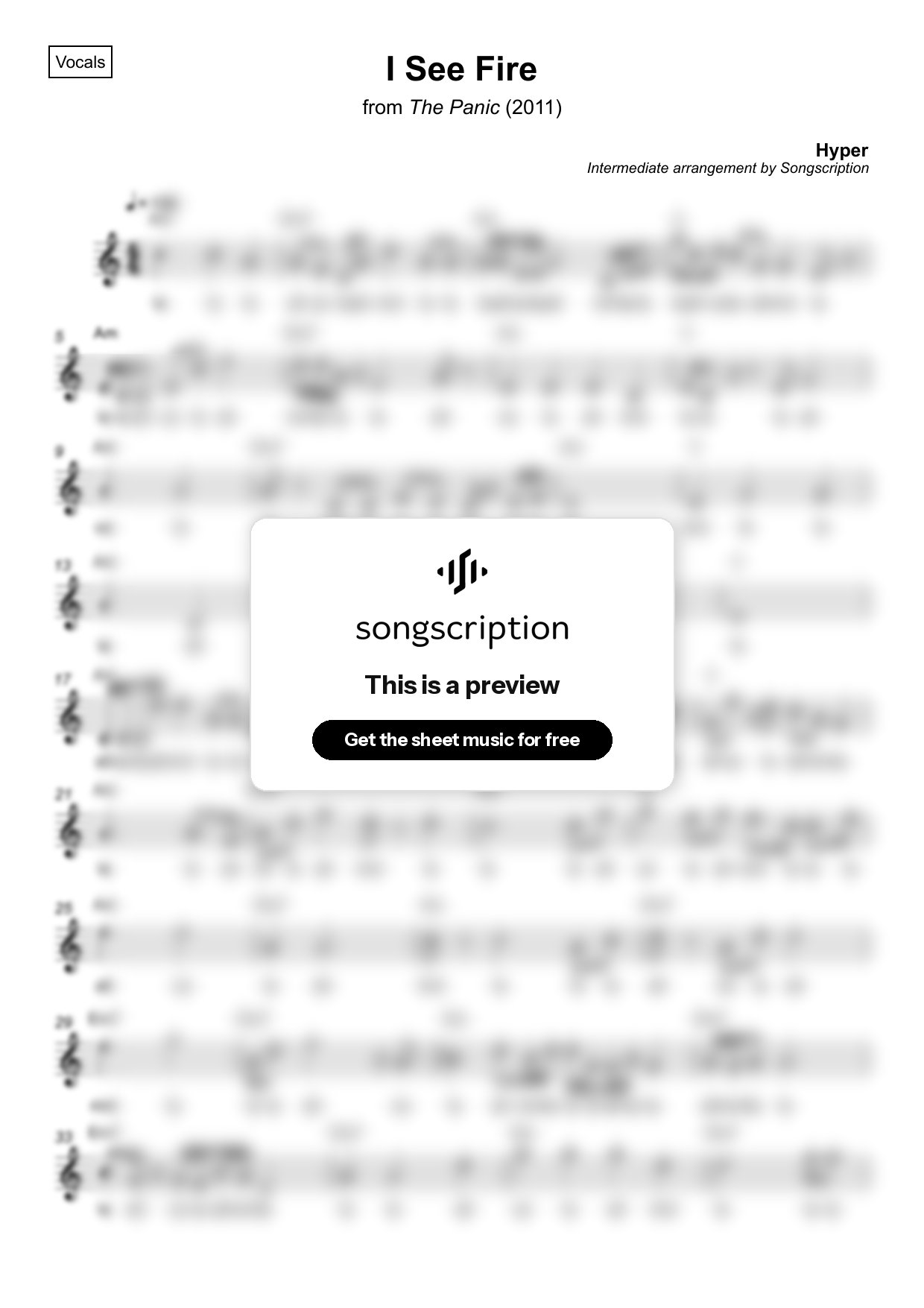 Intermediate Vocals Sheet Music for "I See Fire" by Hyper